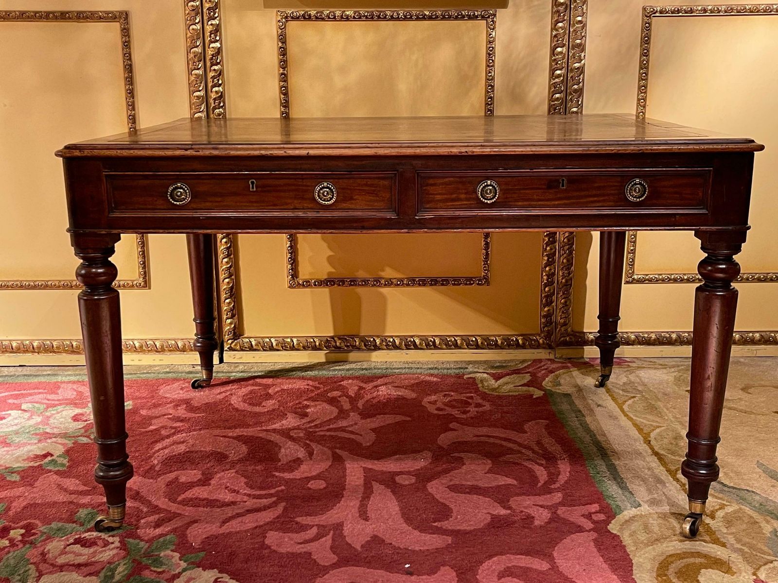 19th Century Victorian English Partner Desk Column Shaped Legs Writing Table photo furniture