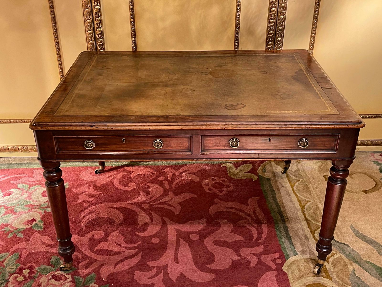 19th Century Victorian English Partner Desk Column Shaped Legs Writing Table photo for sale