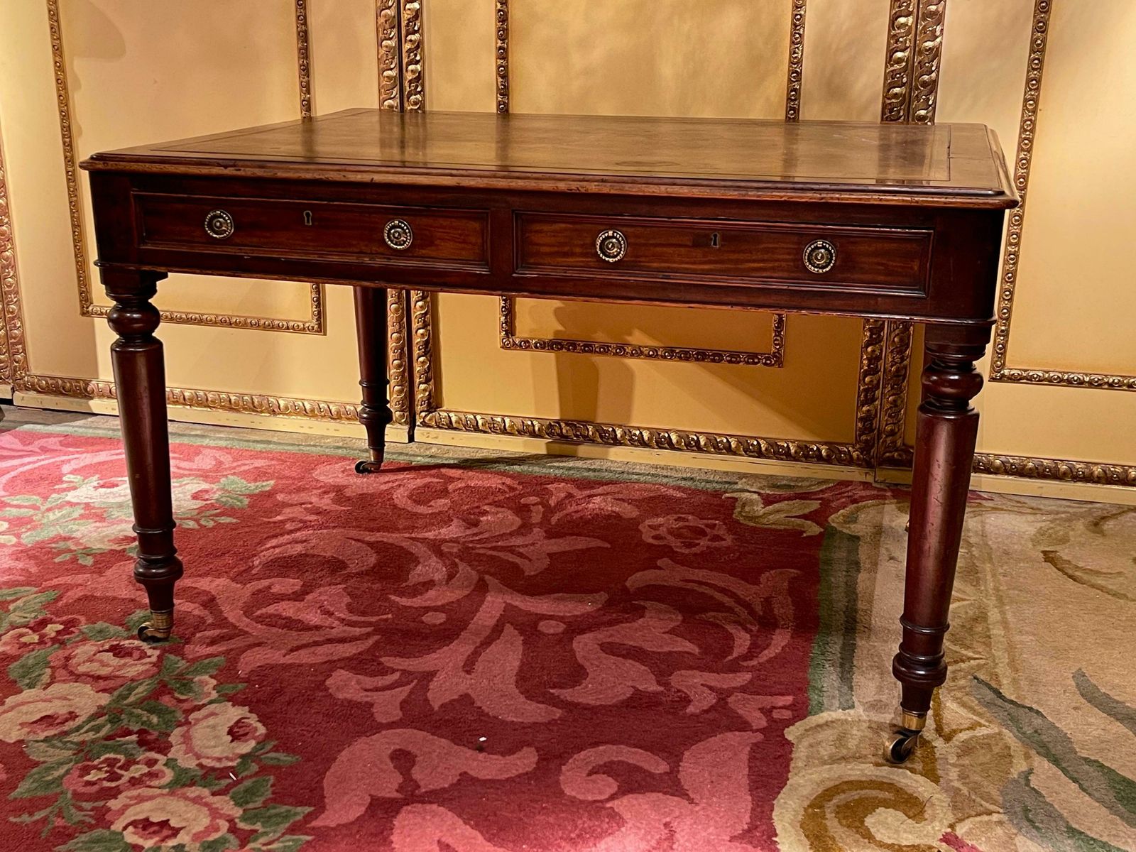 19th Century Victorian English Partner Desk Column Shaped Legs Writing Table photo Furniture