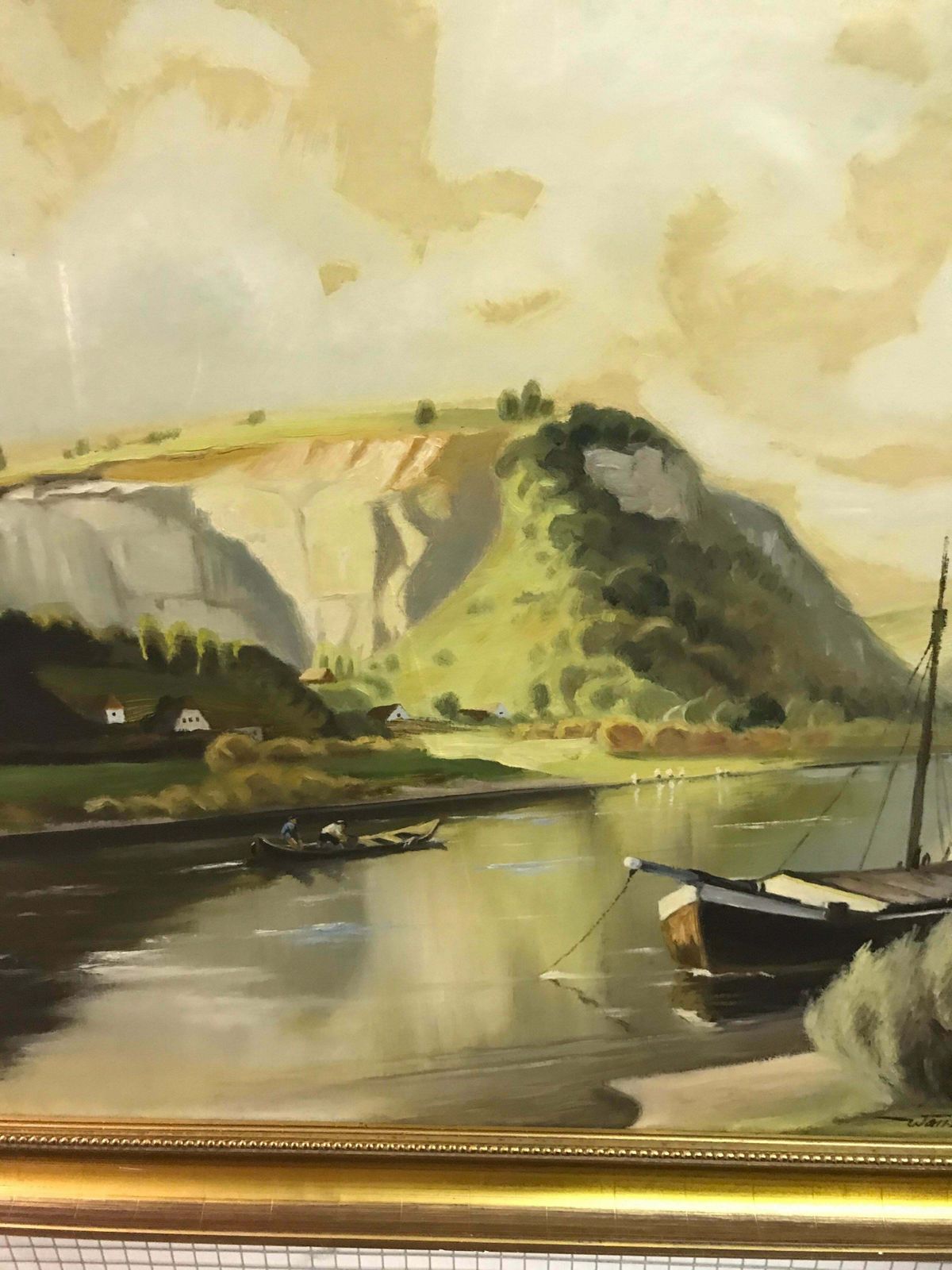 Large Oil Painting Ship At Sea Mountain View 1900 photo for sale