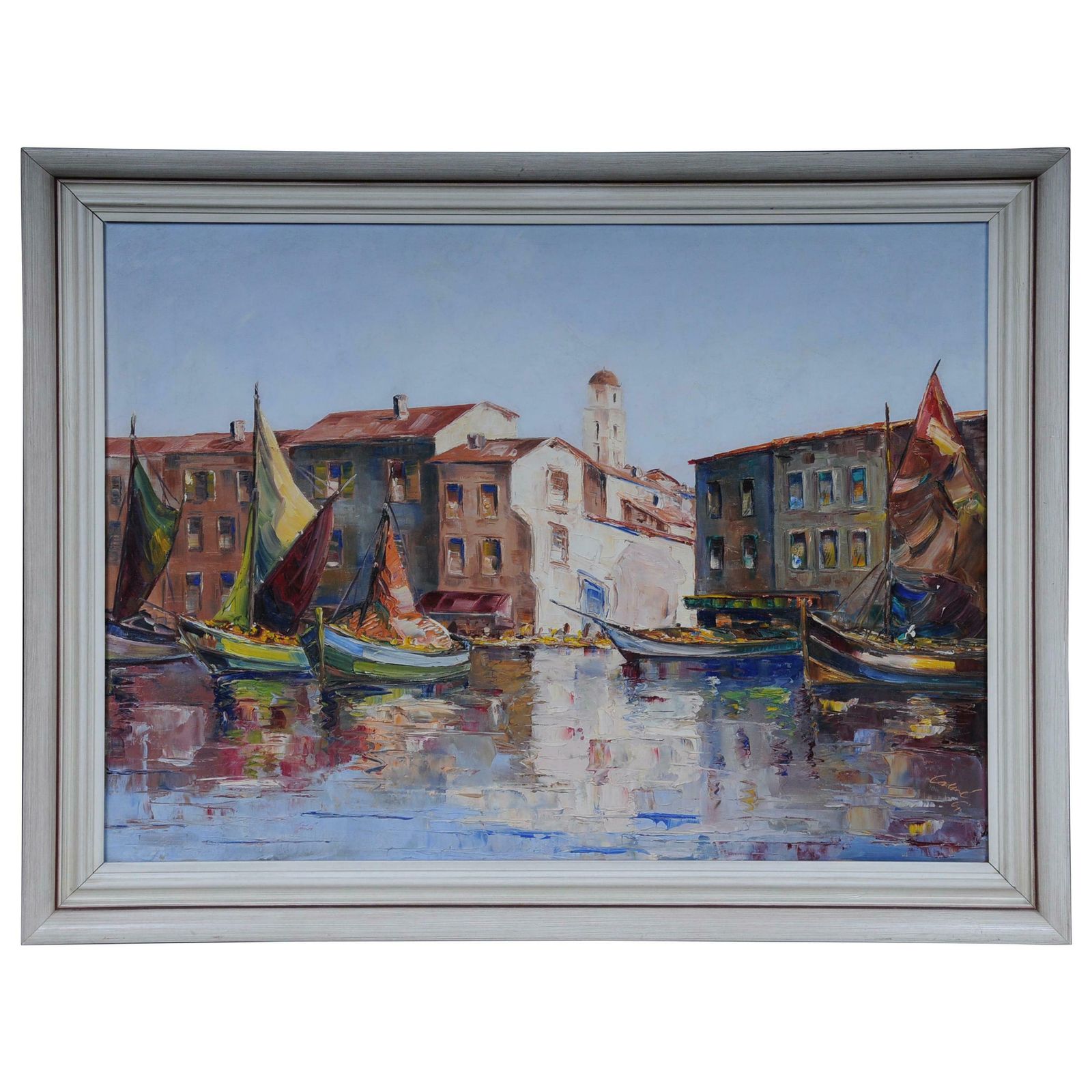 Oil Painting Fish Harbour Of St. Tropez  20th Century