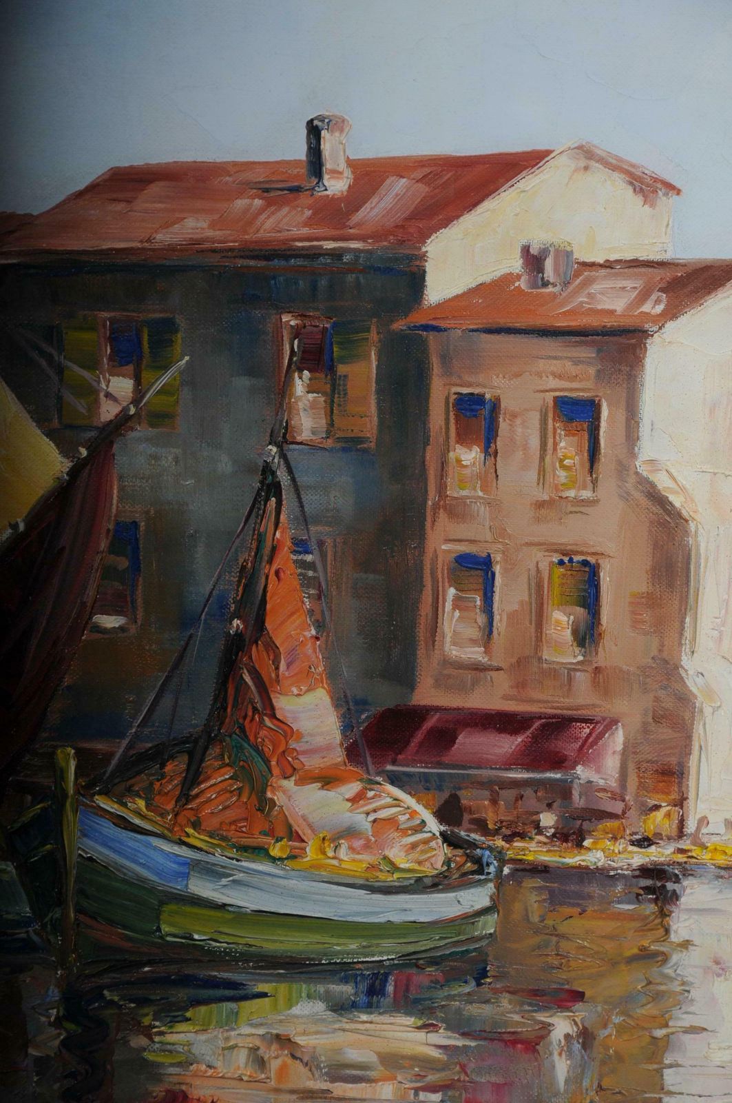 Oil Painting Fish Harbour Of St. Tropez  20th Century photo vintage