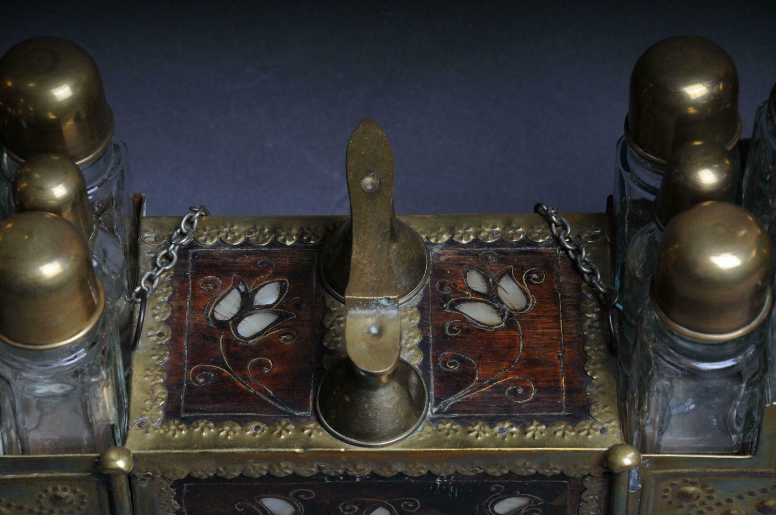 1130.0 Decorative Oriental Shoe Polish Set Brass With Mother Of Pearl, 20th Century photo