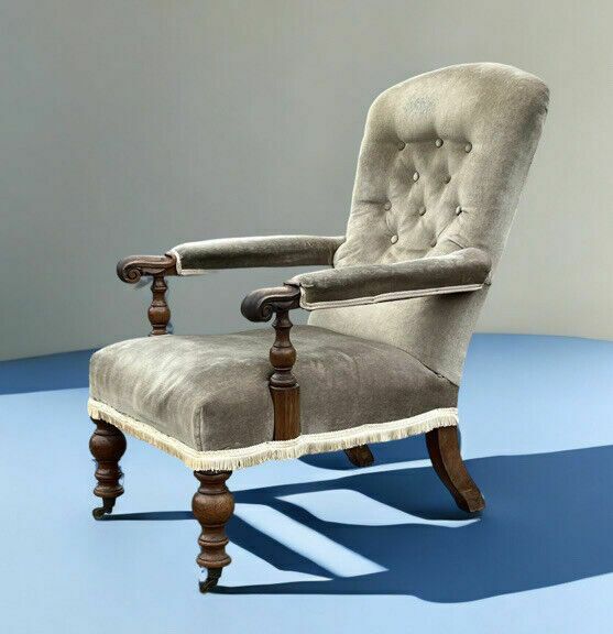 Victorian Library Armchair With Mahogany Frame, On Brass Castors.