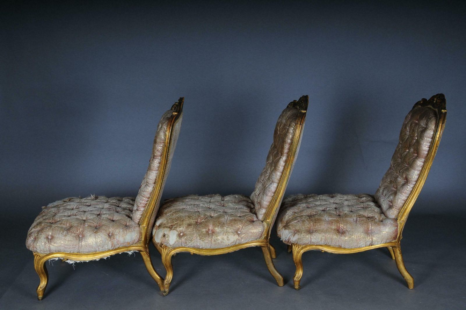 3 French Salon Lounge Chairs From The Bellevue Palace In Berlin, Gold From 1890 photo vintage