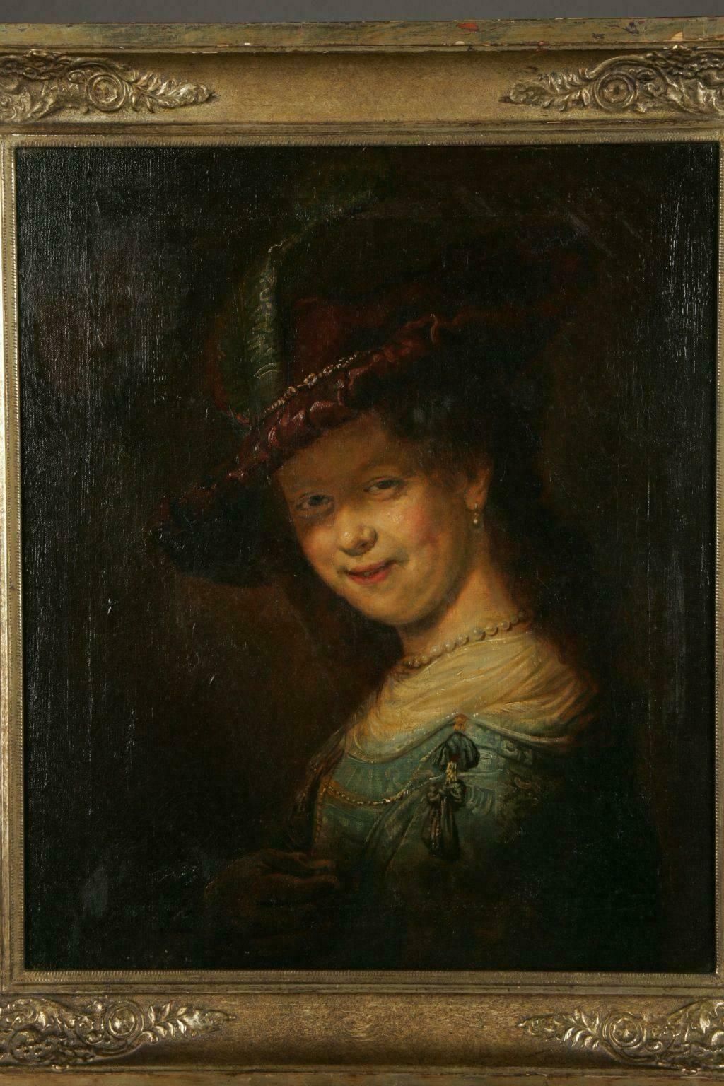 19th Century Barock Style Oil Painting Saskia Smiling With Feather Bar photo for sale