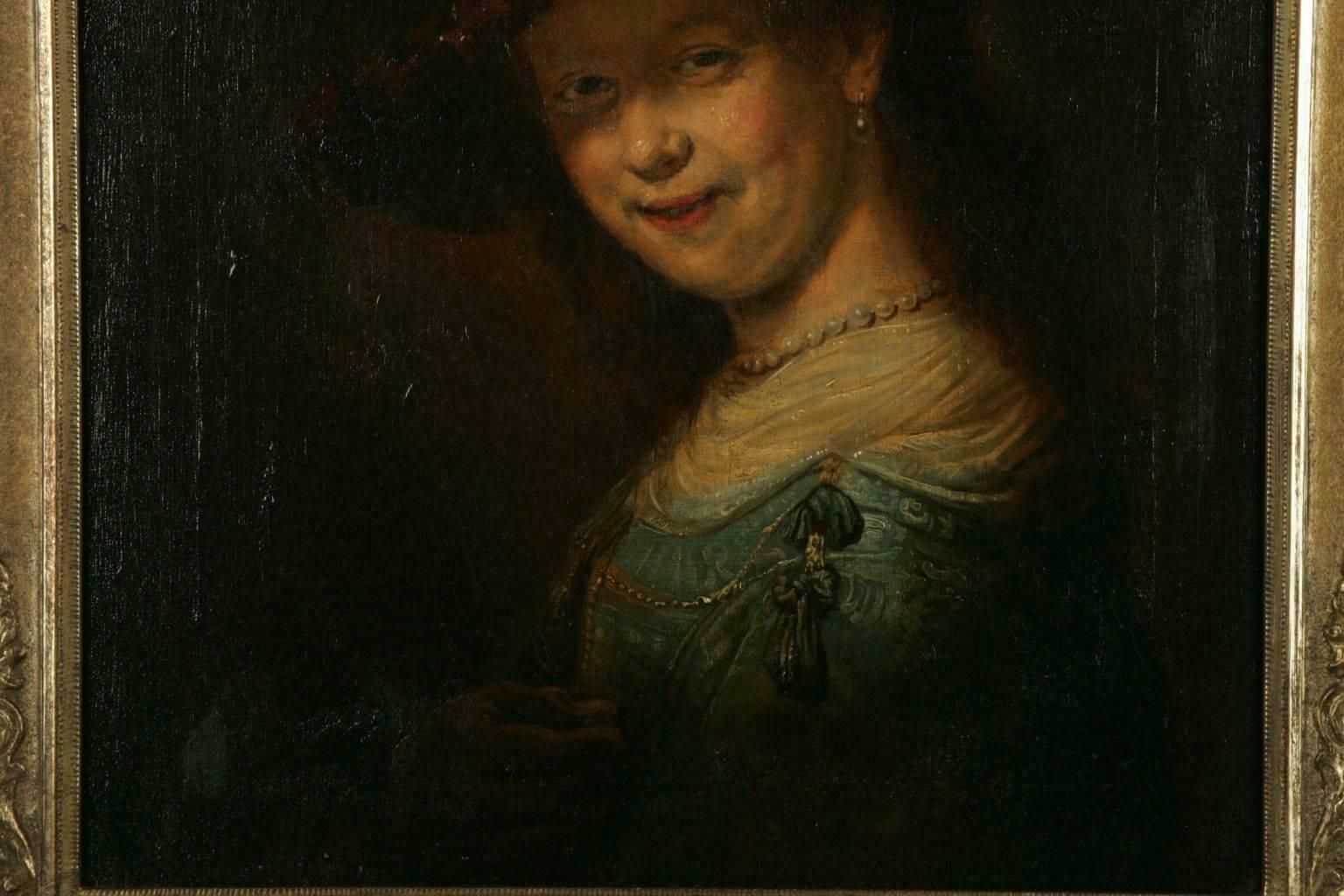 19th Century Barock Style Oil Painting Saskia Smiling With Feather Bar photo Art