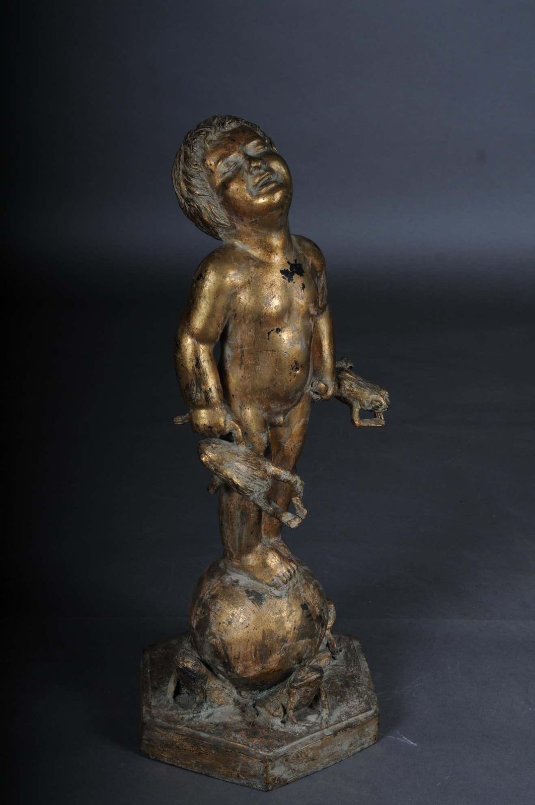 20th Century Unique Sculpture Of A Putto With Frogs, Gold photo buy