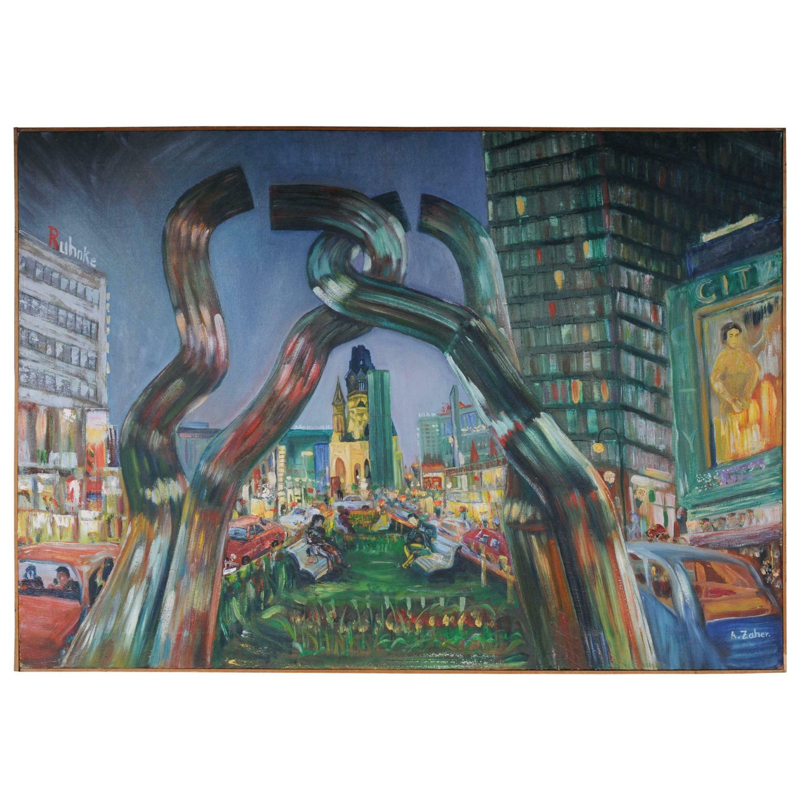 Painting Berlin City West View Kudamm / Kurfürstendamm Sign. A. Zaher