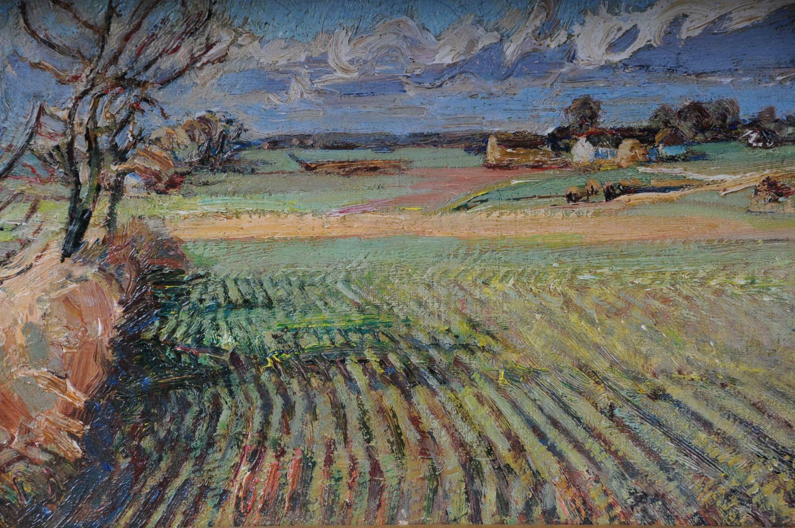 Impressionistic Oil Painting Idyllic Autumn Landscape Signed, 20th Century photo vintage