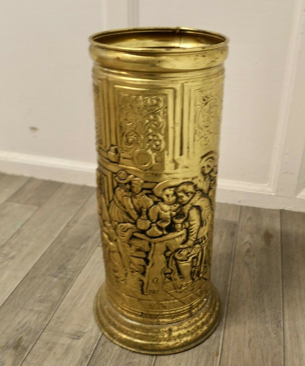 Arts And Crafts Embossed Brass Stick Stand, Umbrella Stand photo for sale