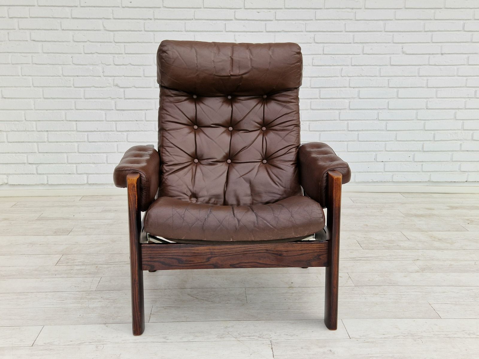 1970s, Scandinavian Adjustable Lounge Chair, Brown Leather, Oak Wood. photo for sale