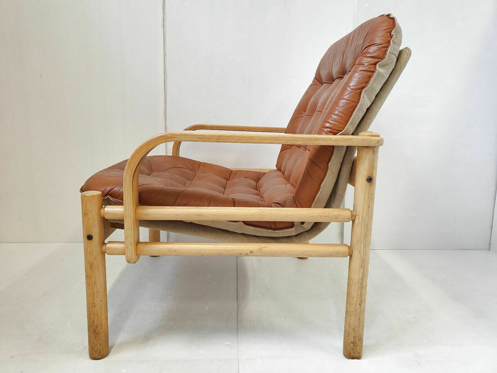 Vintage 1960 Scandinavian Armchair In Havana Leather & Light Beech 60s 1960s photo for sale