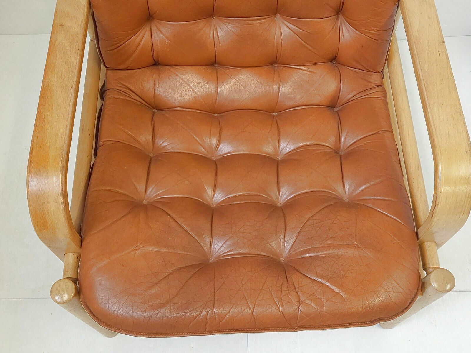 Vintage 1960 Scandinavian Armchair In Havana Leather & Light Beech 60s 1960s photo vinterior