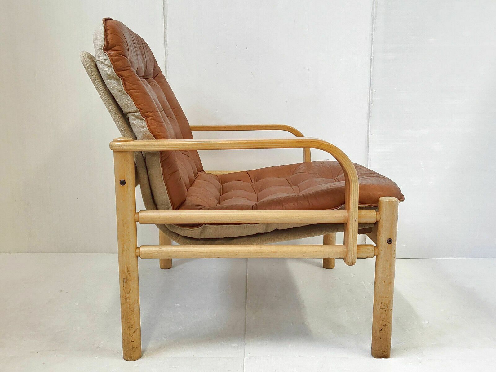 791.0 Vintage 1960 Scandinavian Armchair In Havana Leather & Light Beech 60s 1960s photo