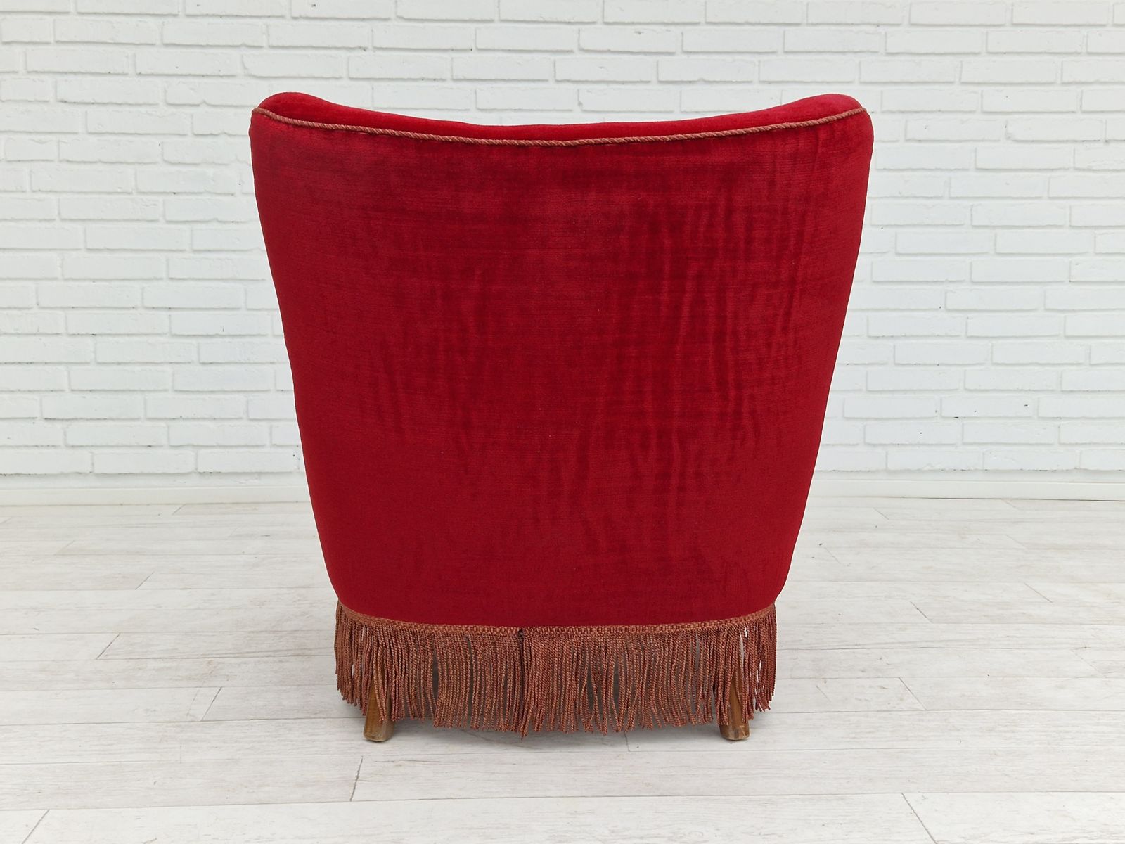 1960s, Danish Vintage Armchair In Cherry Red Velvet. photo vinterior