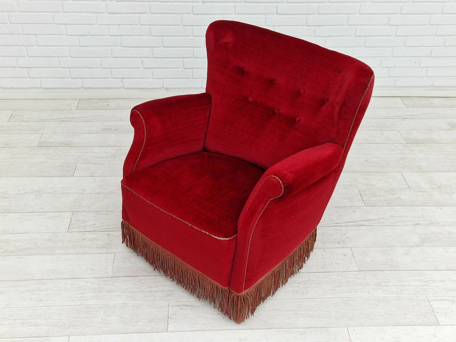 Furniture 1960s, Danish Vintage Armchair In Cherry Red Velvet. photo