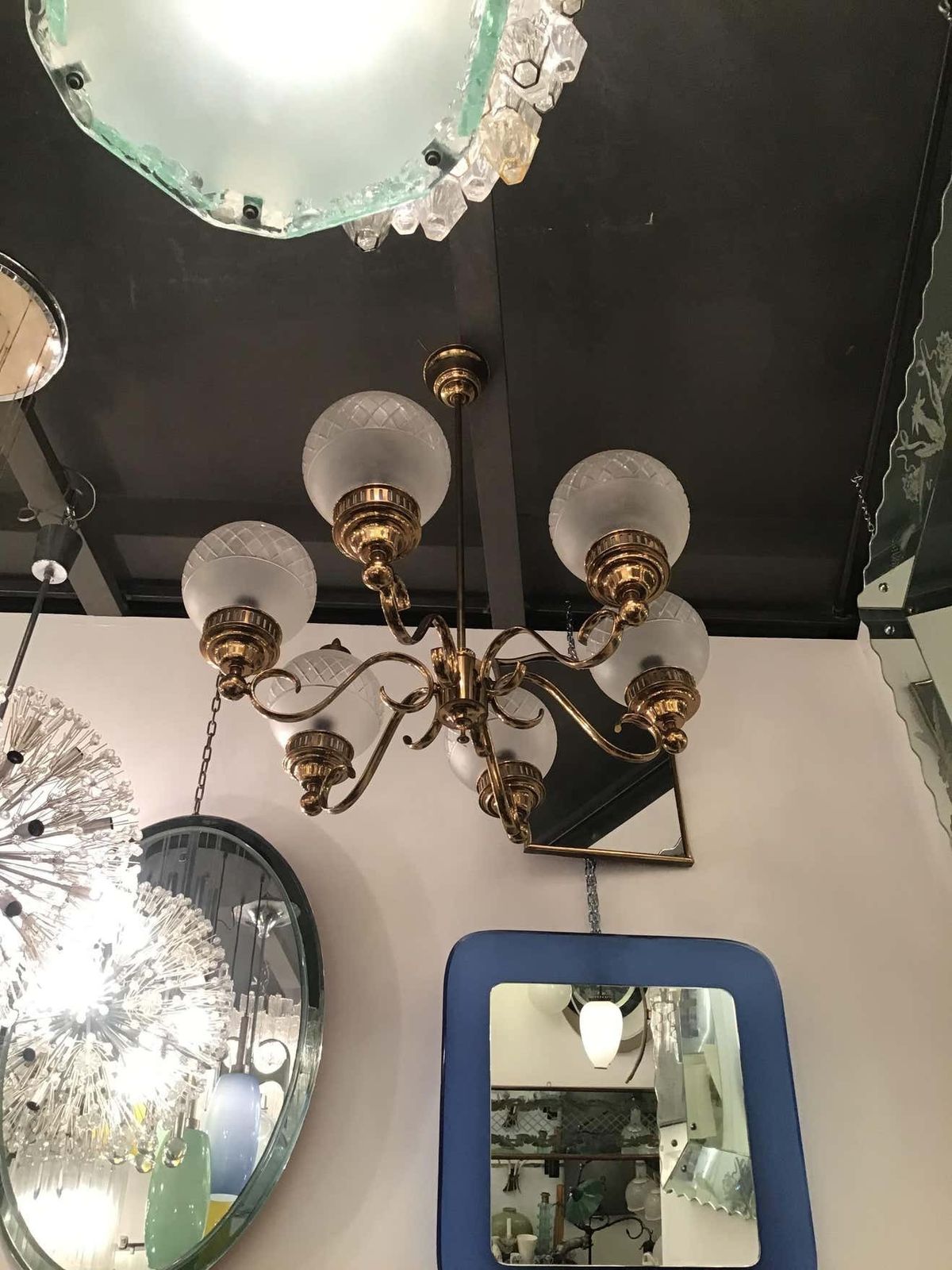 Arredoluce Chandelier Brass Glass 1950 Italy photo for sale