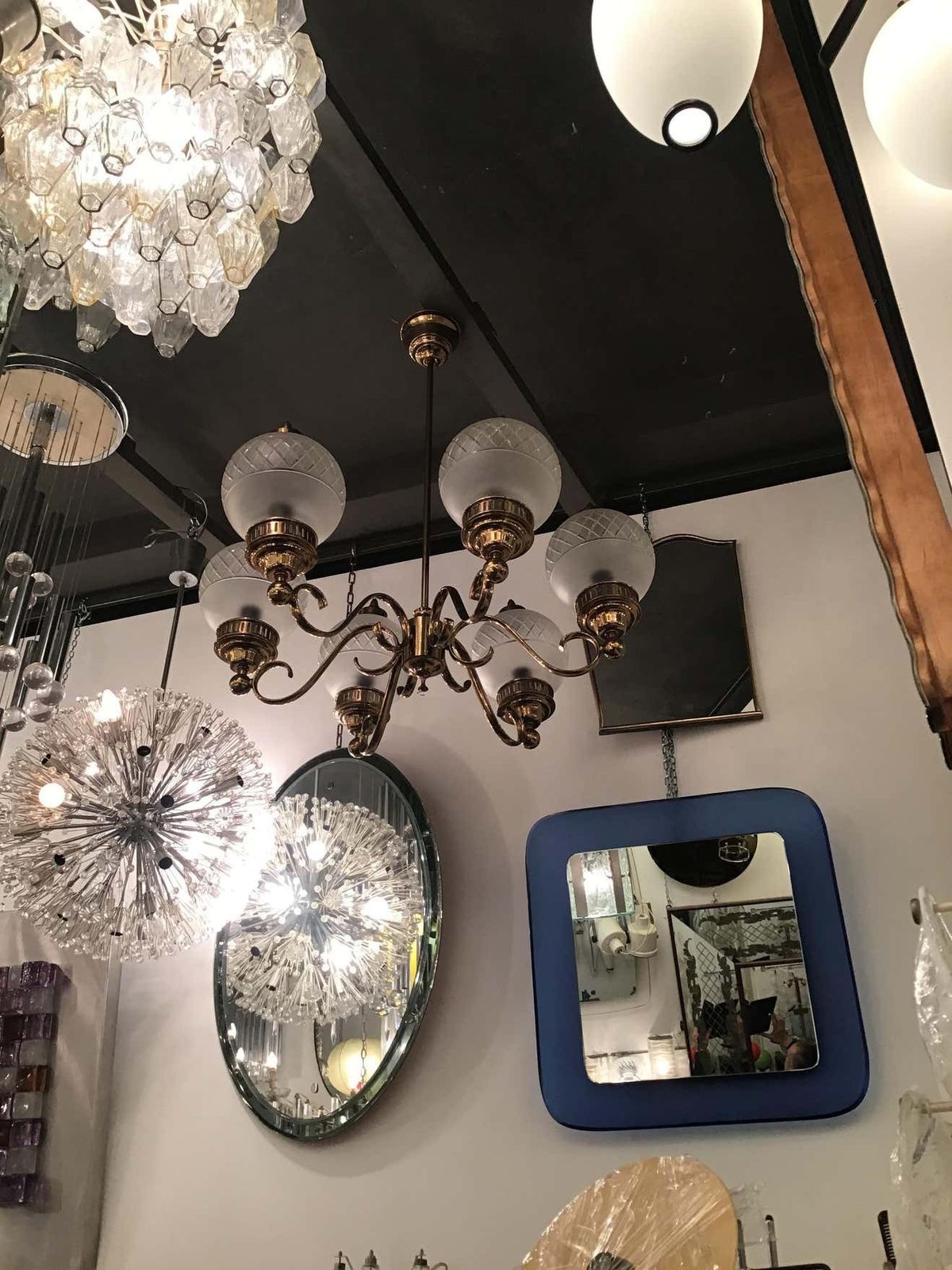 photo furniture Arredoluce Chandelier Brass Glass 1950 Italy