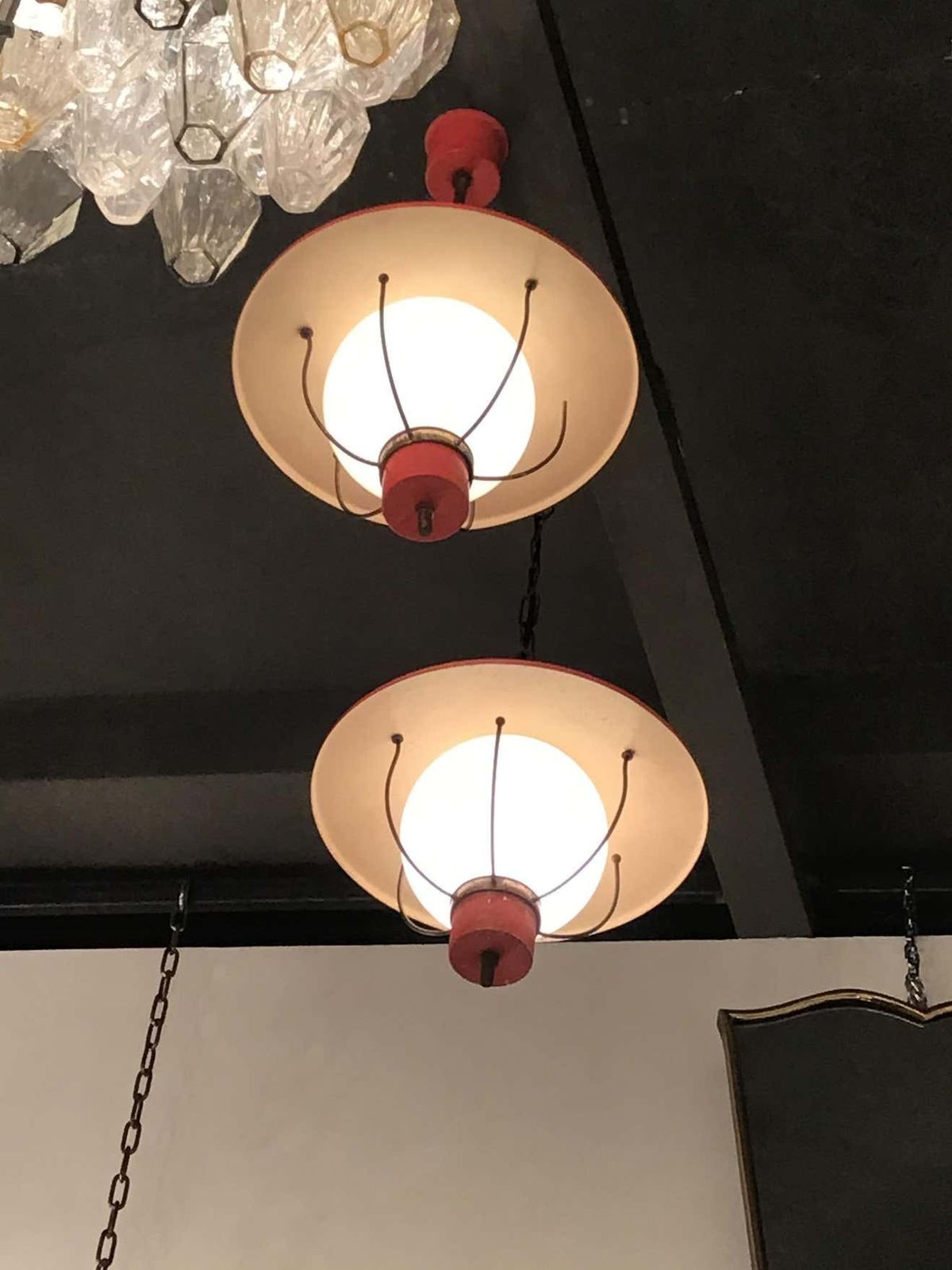 Stilnovo Couple Chandeliers Glass Metal Brass 1950 Italy photo furniture