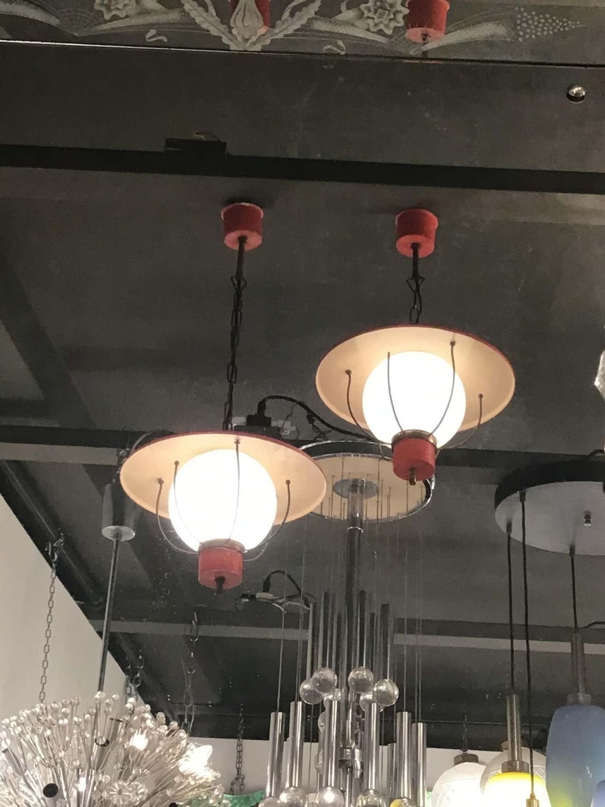 Stilnovo Couple Chandeliers Glass Metal Brass 1950 Italy photo vinterior