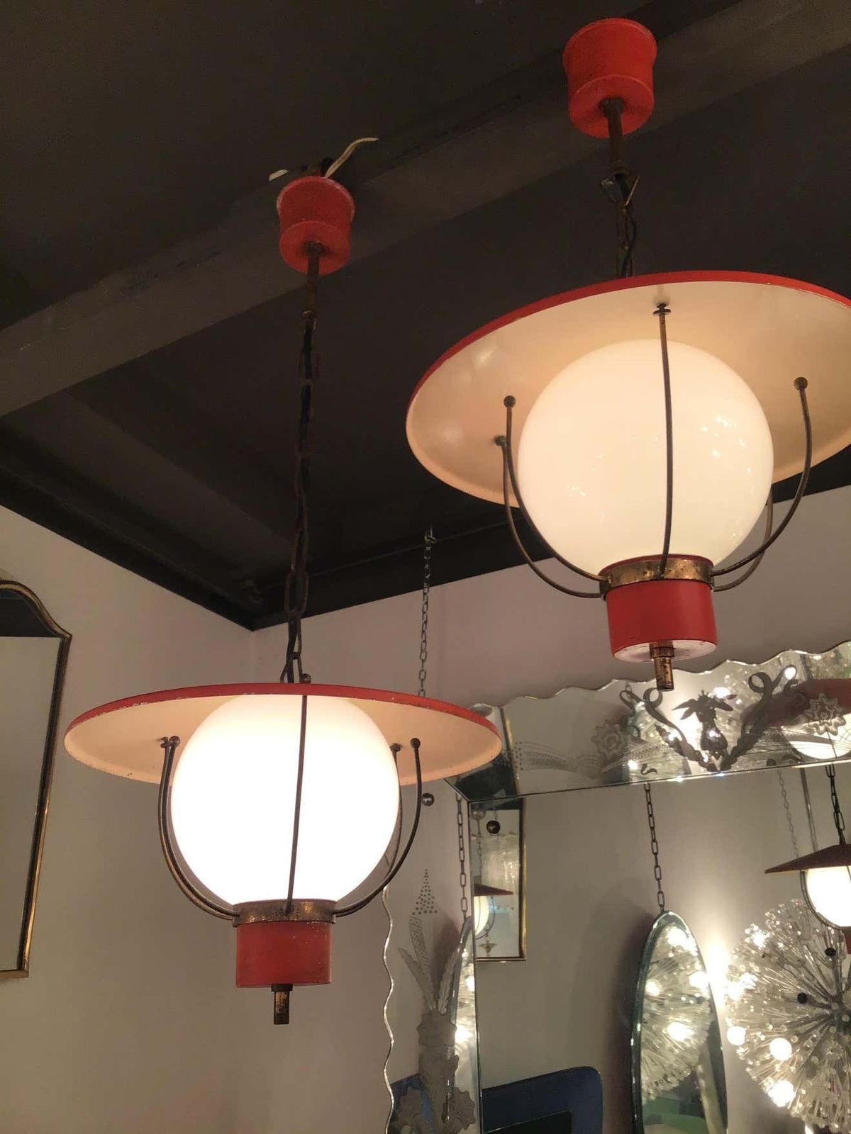 Lighting Stilnovo Couple Chandeliers Glass Metal Brass 1950 Italy photo