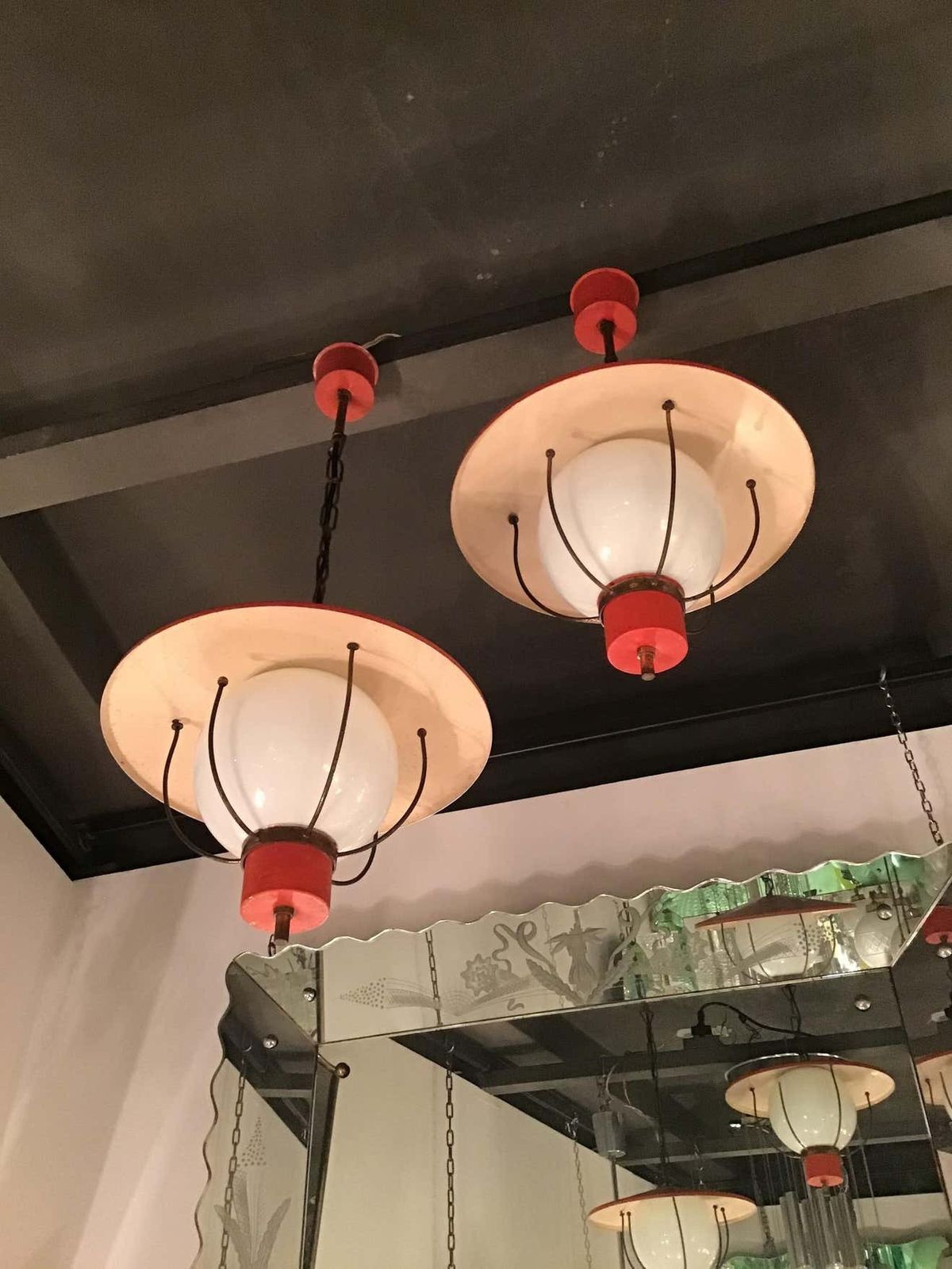 photo vinterior Stilnovo Couple Chandeliers Glass Metal Brass 1950 Italy