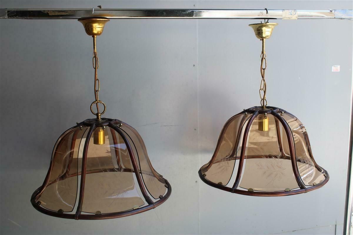 Pair Of Round Dome Chandeliers Bamboo Glass Decorated With Leaves, Italy photo furniture