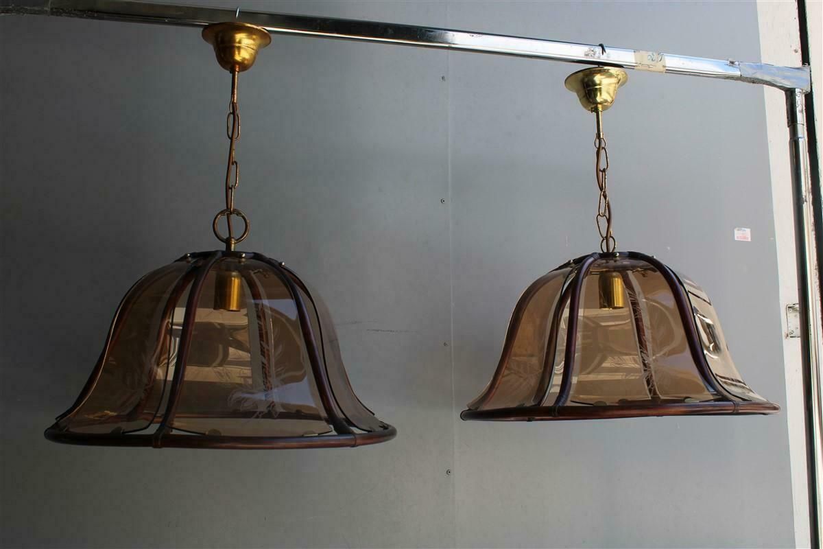 Pair Of Round Dome Chandeliers Bamboo Glass Decorated With Leaves, Italy photo for sale