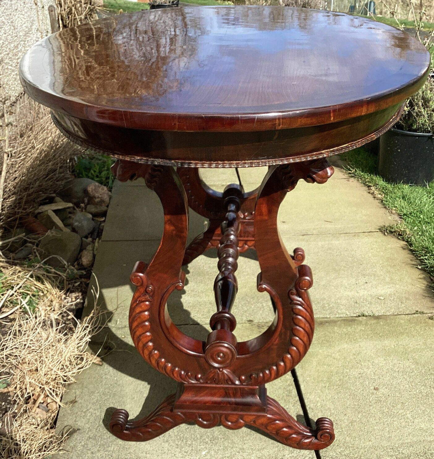 Early 19th C. Continental Biedermeier Mahogany Centre Table. Lyre. Dog Masks photo for sale