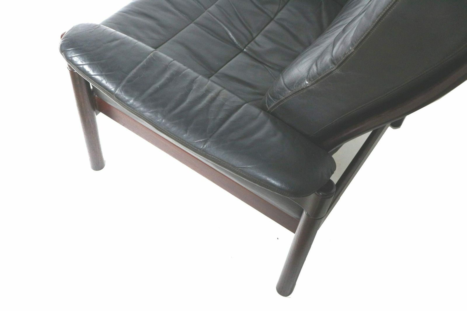 Black Leather Armchair With Beautiful Wooden Frame Made In The 60s photo vinterior