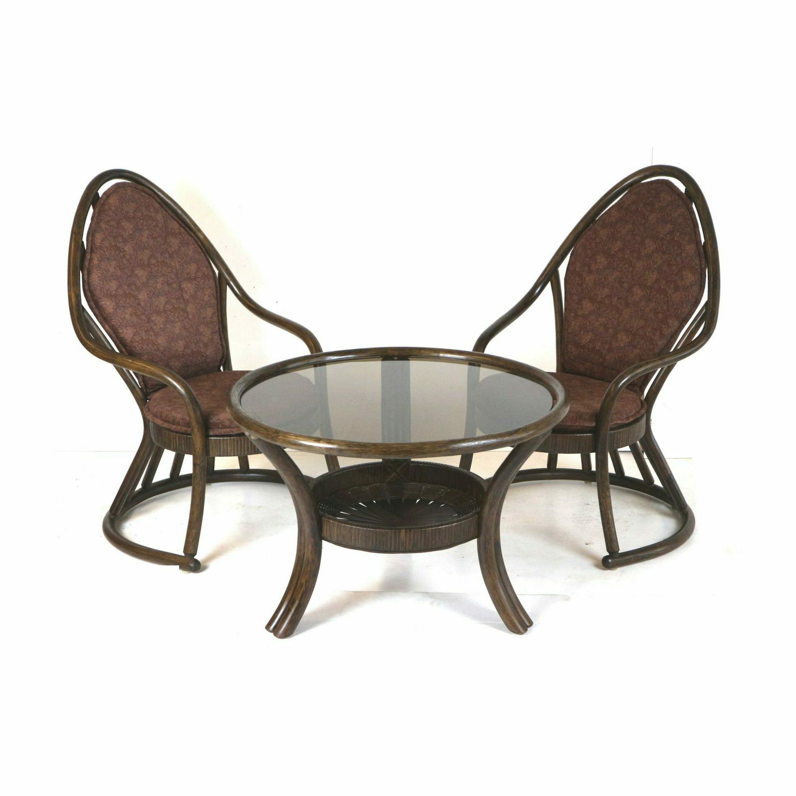 Vintage Manou Rattan Set Of 2 Armchairs And Table With Glass Top Made In The 70s