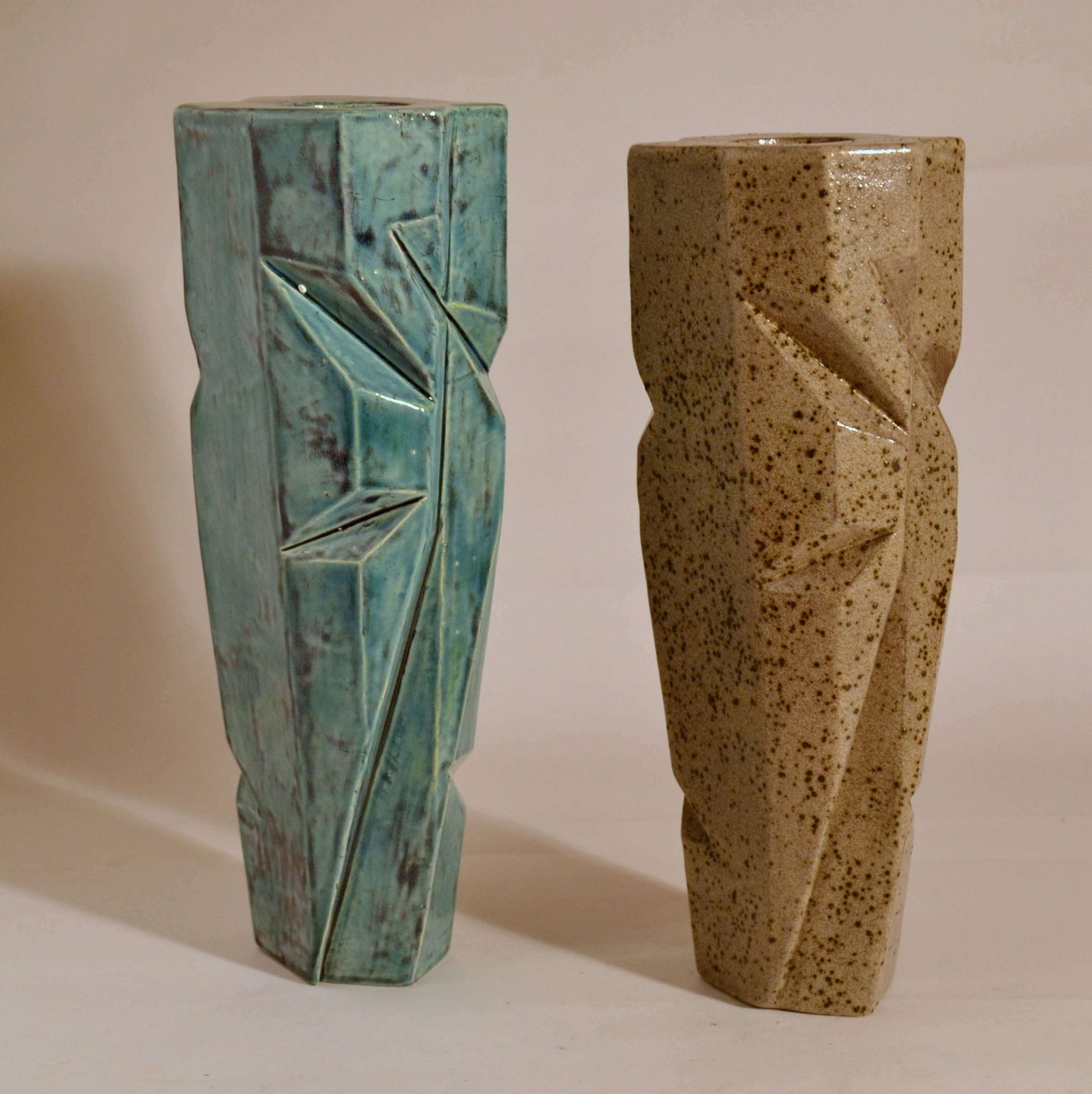 Pair Of Studio Pottery Vases In Blue And Beige Glaze photo furniture