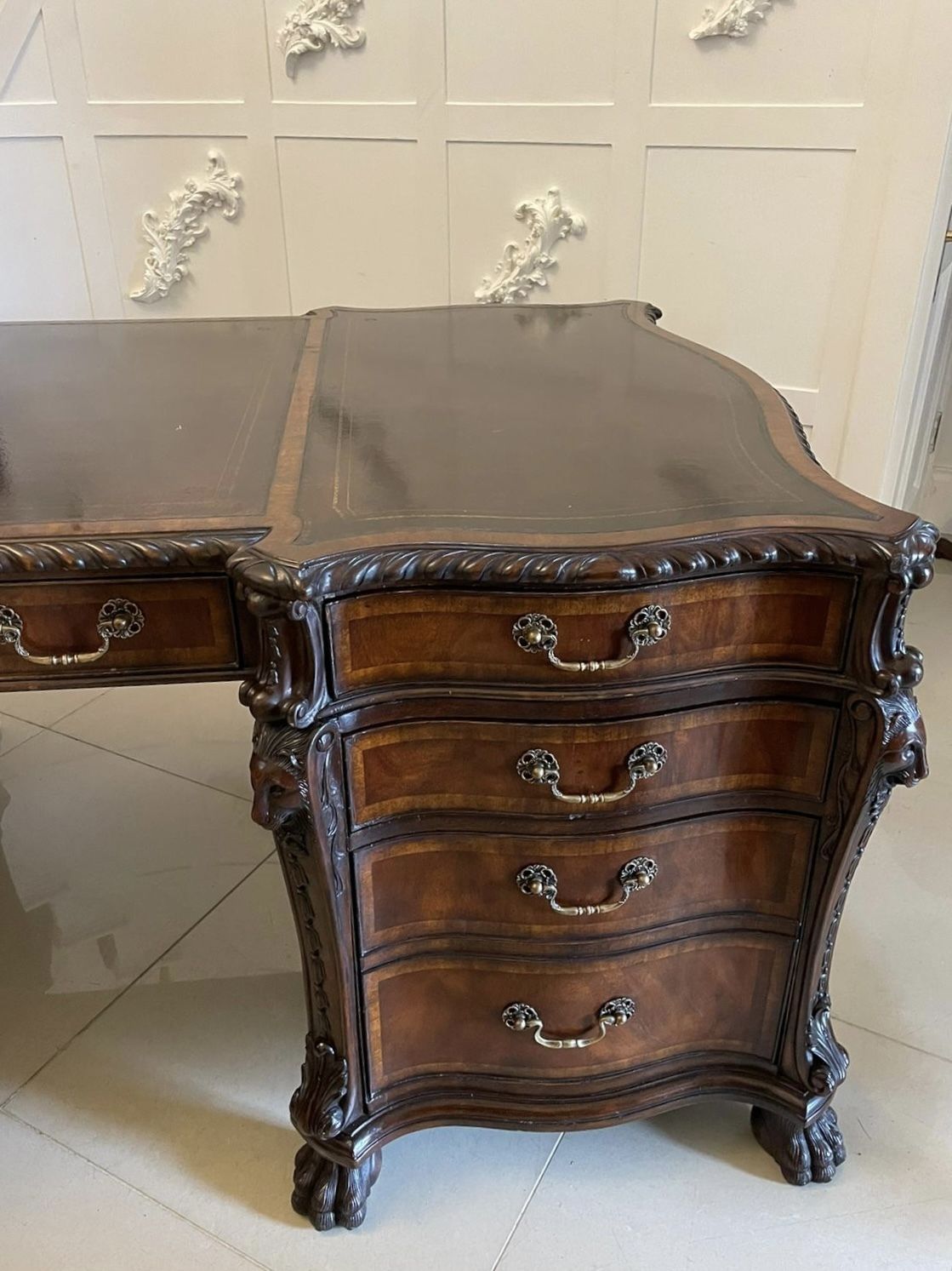 Outstanding Quality Large Antique Carved Figured Mahogany Serpentine Shaped Partners Desk photo Furniture