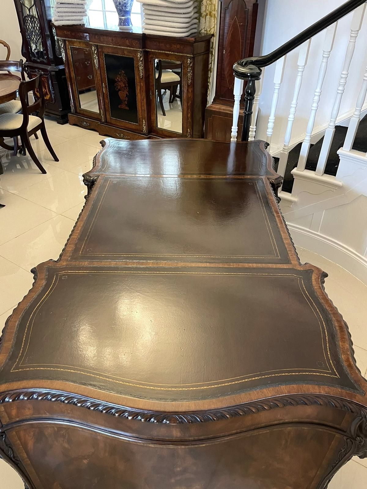 photo buy Outstanding Quality Large Antique Carved Figured Mahogany Serpentine Shaped Partners Desk