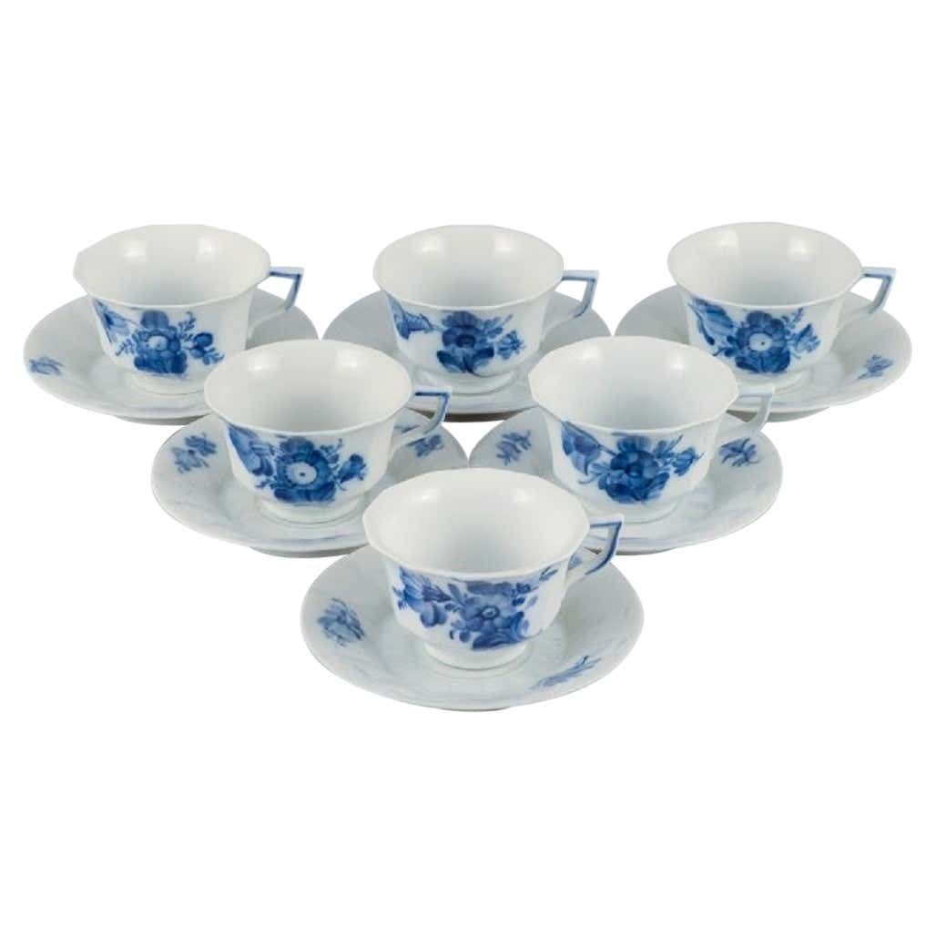 Royal Copenhagen, Blue Flower Angular, Six Coffee Cups With Six Saucers