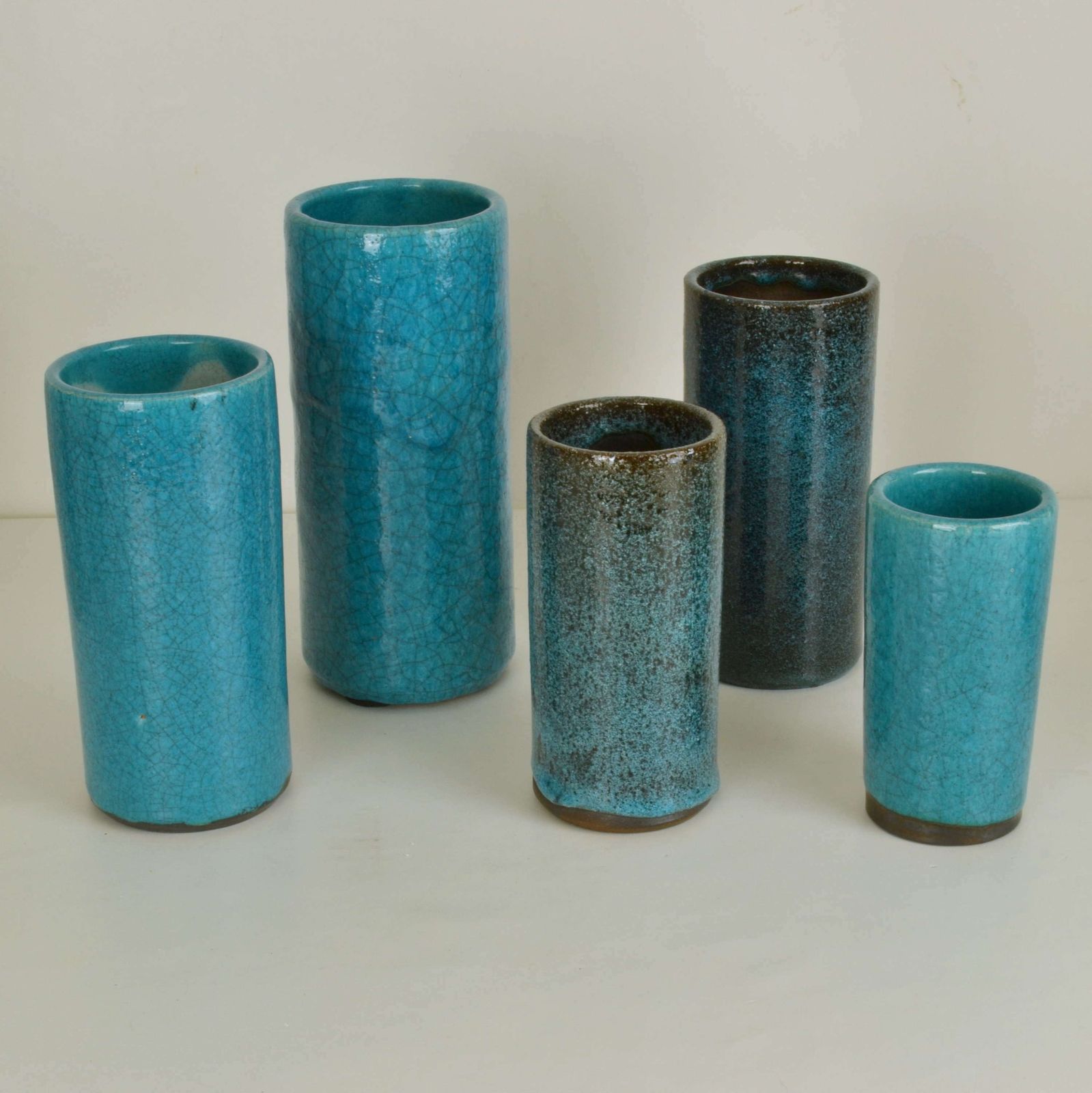 Set Of Ten Blue Ceramic Cylinder Vases By Groeneveldt photo for sale