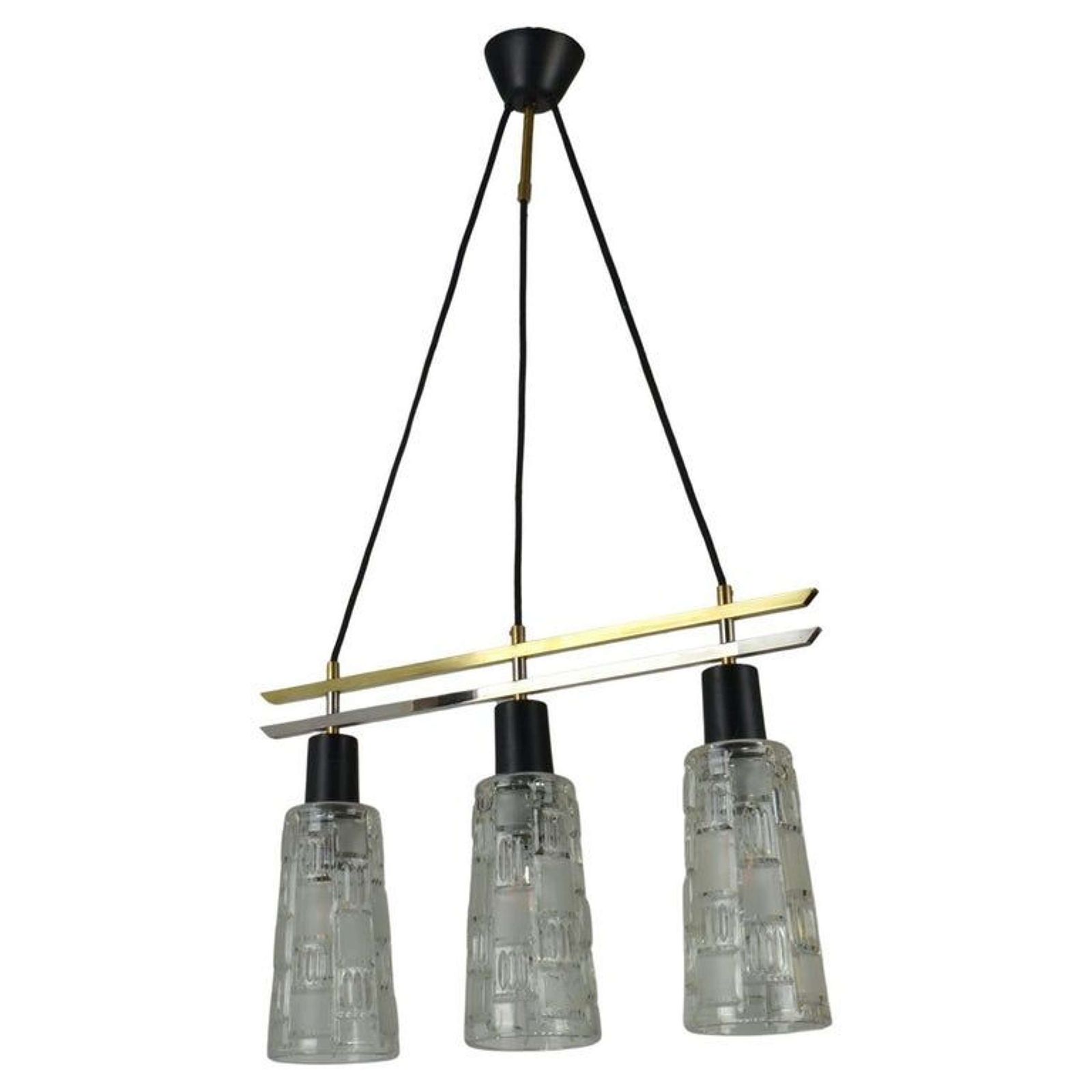 Triple Light Chandelier In Brass Chrome And Clear Glass 1960's photo furniture
