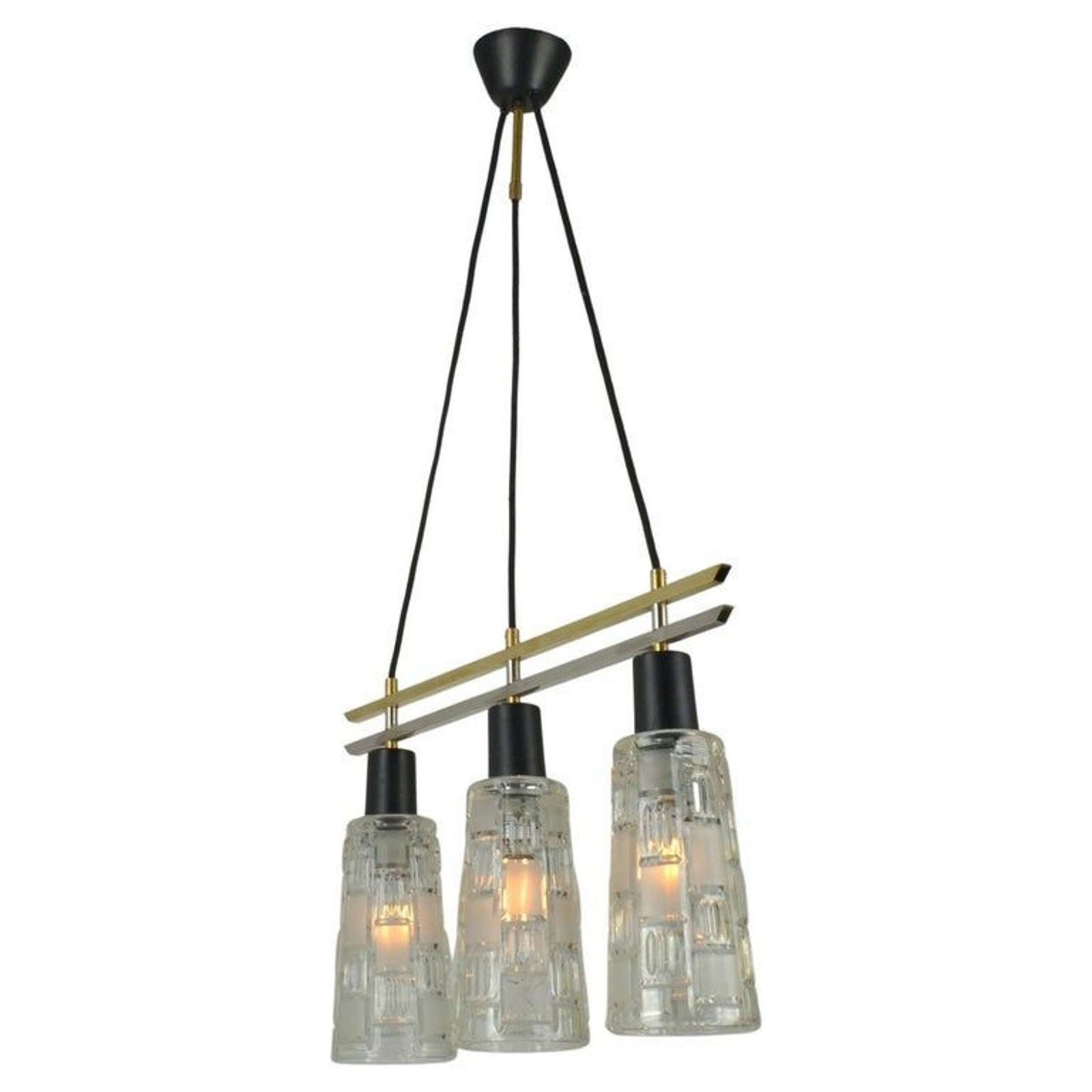 Triple Light Chandelier In Brass Chrome And Clear Glass 1960's photo Lighting