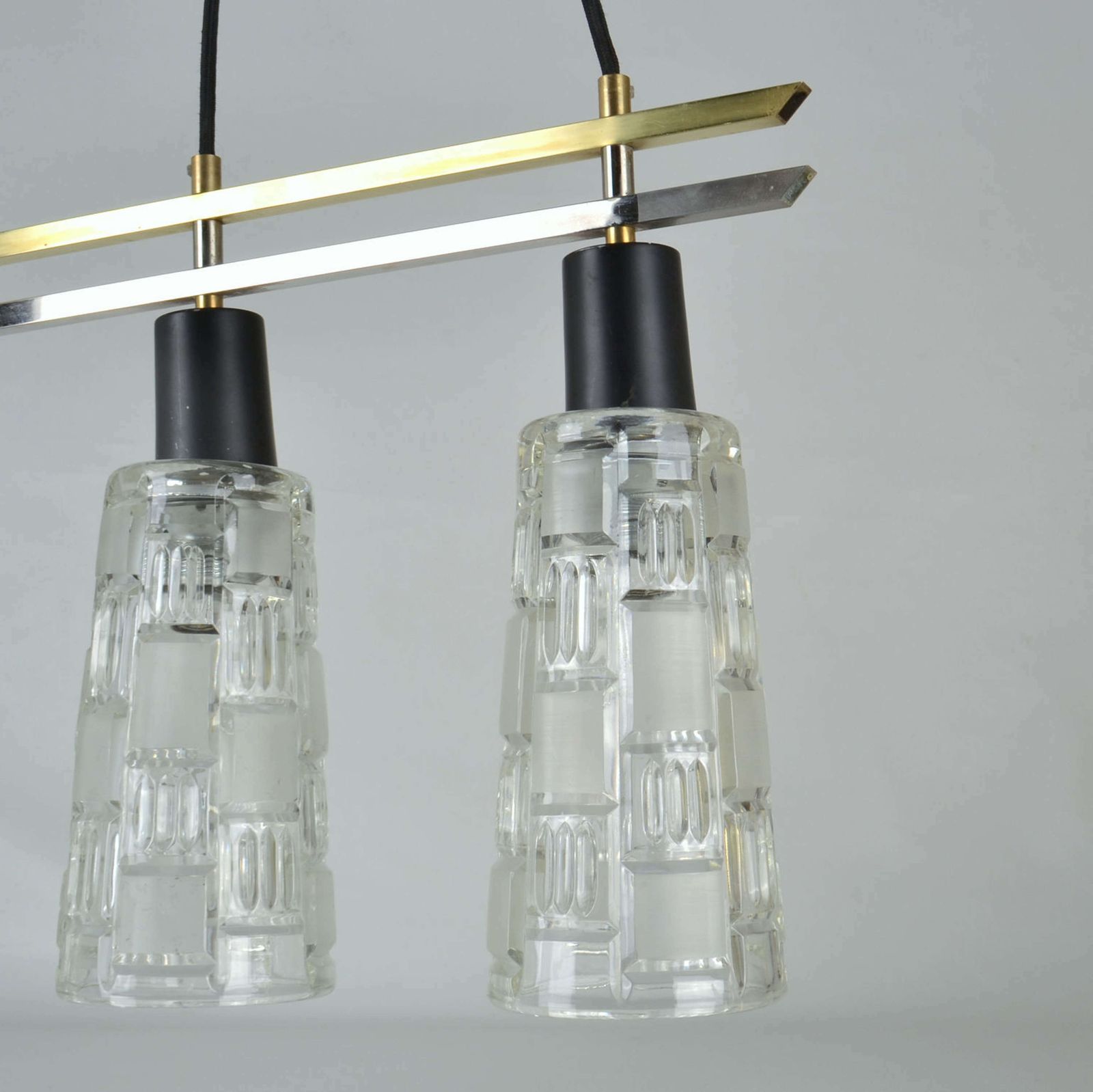 Lighting Triple Light Chandelier In Brass Chrome And Clear Glass 1960's photo