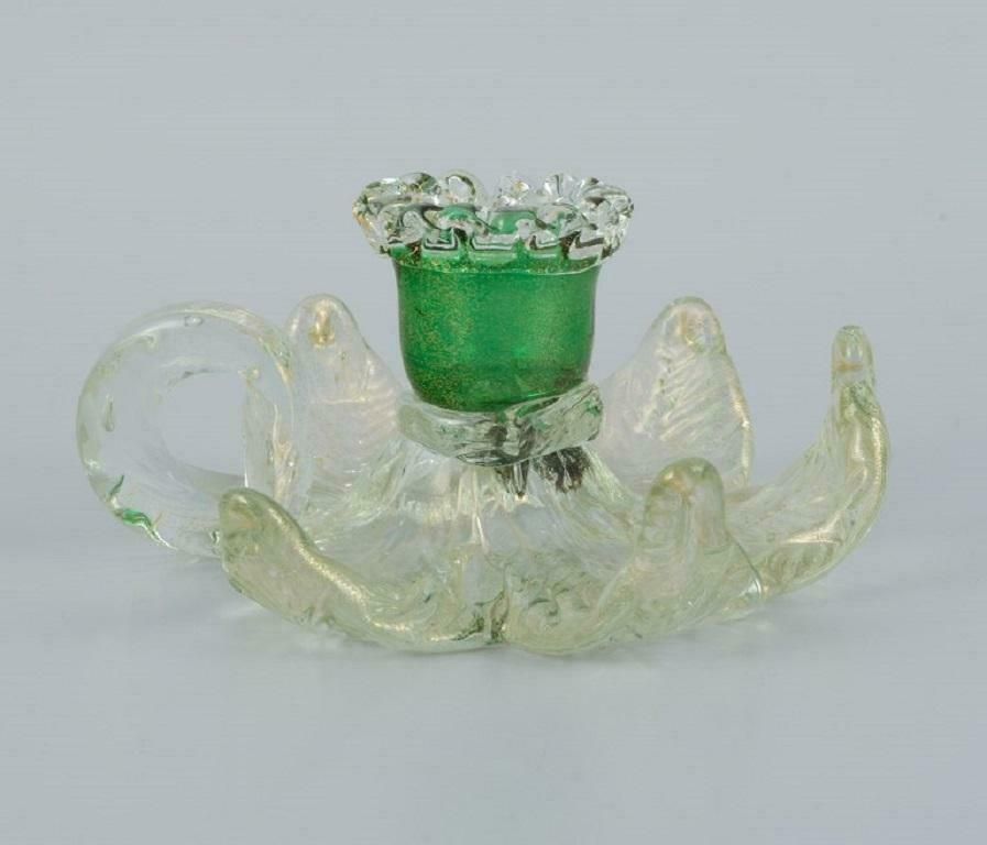 Murano Italy A Pair Of Low Candlesticks In Green And Clear Art Glass 1960 70s photo for sale