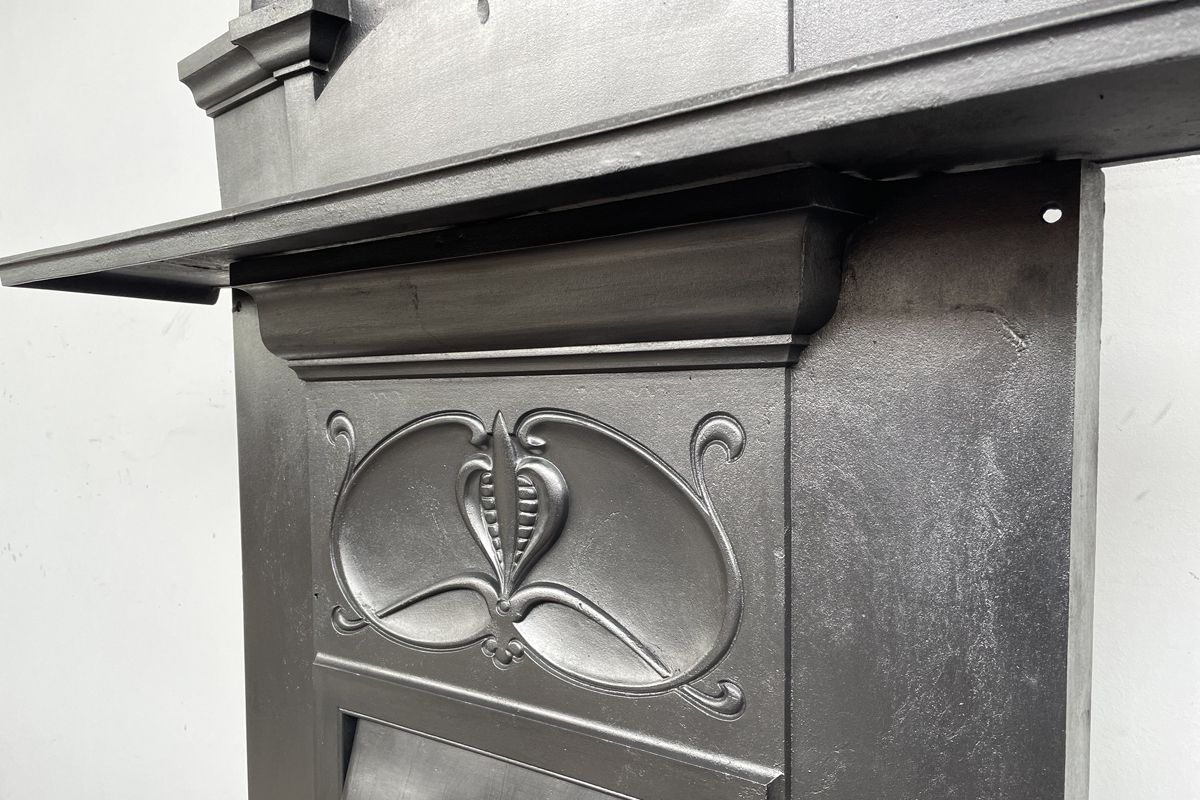 Tall Antique Edwardian Art  Nouveau Cast Iron Combination Fireplace photo for sale
