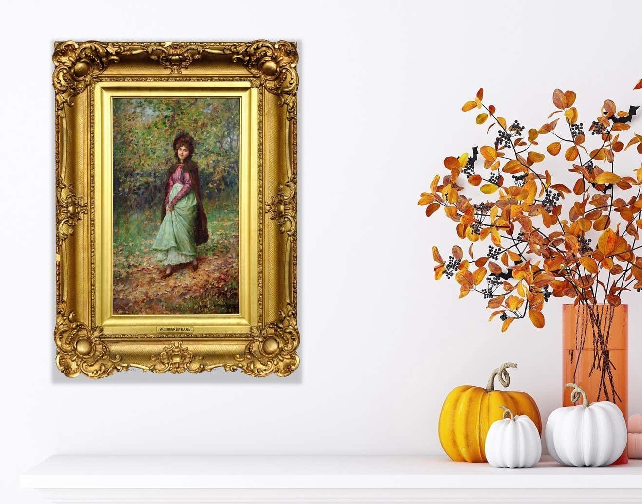 3875.0 William Arthur Breakspeare 1855 To 1914. A Rendezvous In The Park In The Autumn Fall. Framed Oil Painting. Young Lovers Meeting Out Of Plain Sight. photo