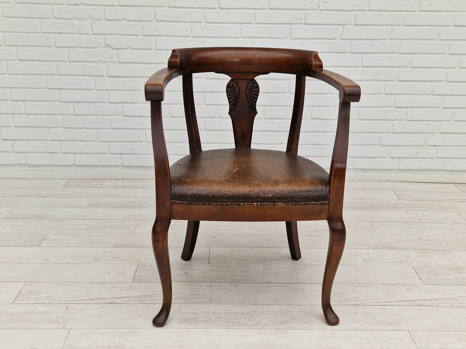 1950s, Scandinavian Vintage Armchair, Original Condition, Leather, Oak Wood.
