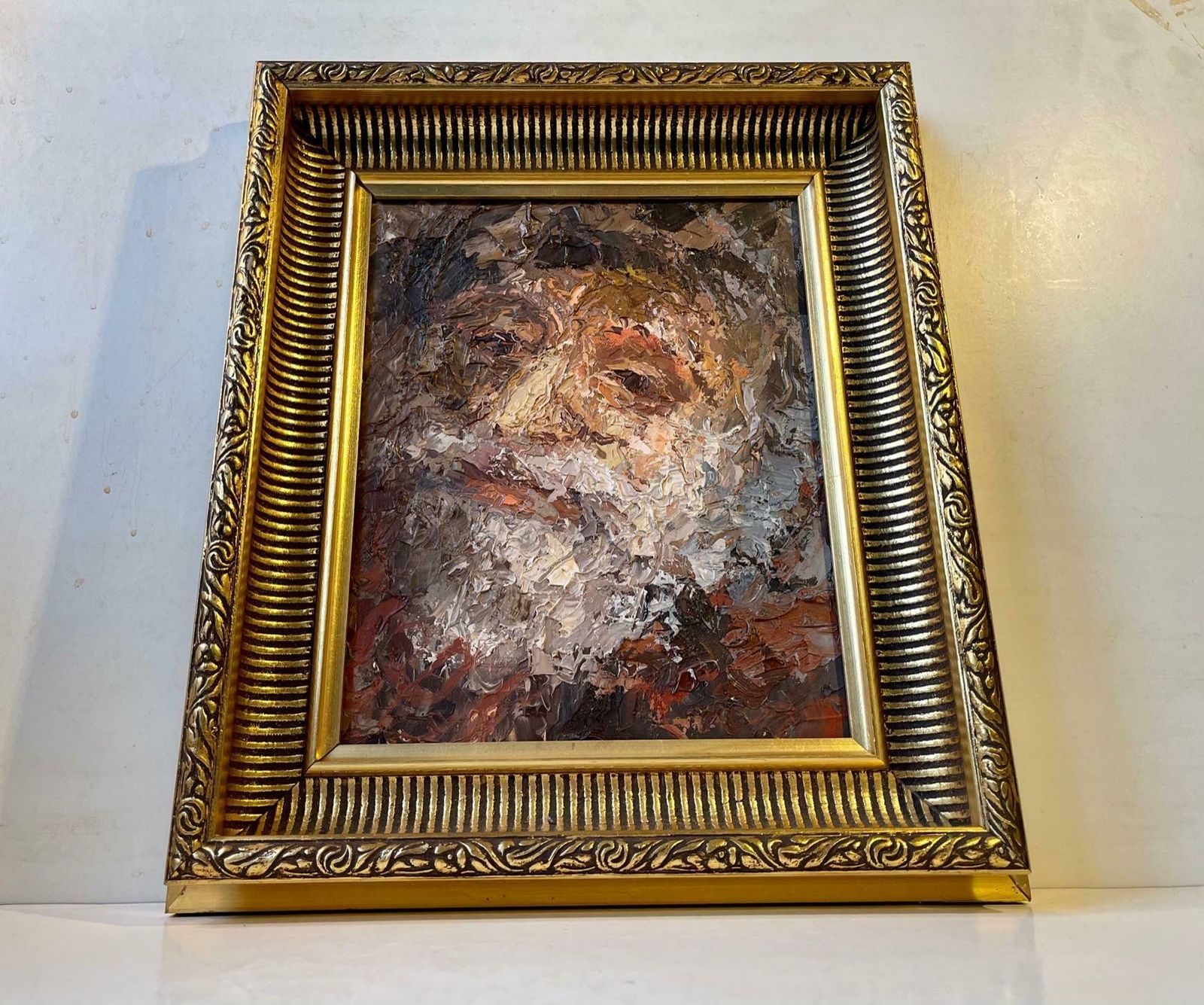 2 Danish Oil Palette Paintings  Old Man Portrait & Fruit Bowl By J. P. Nielsen photo for sale