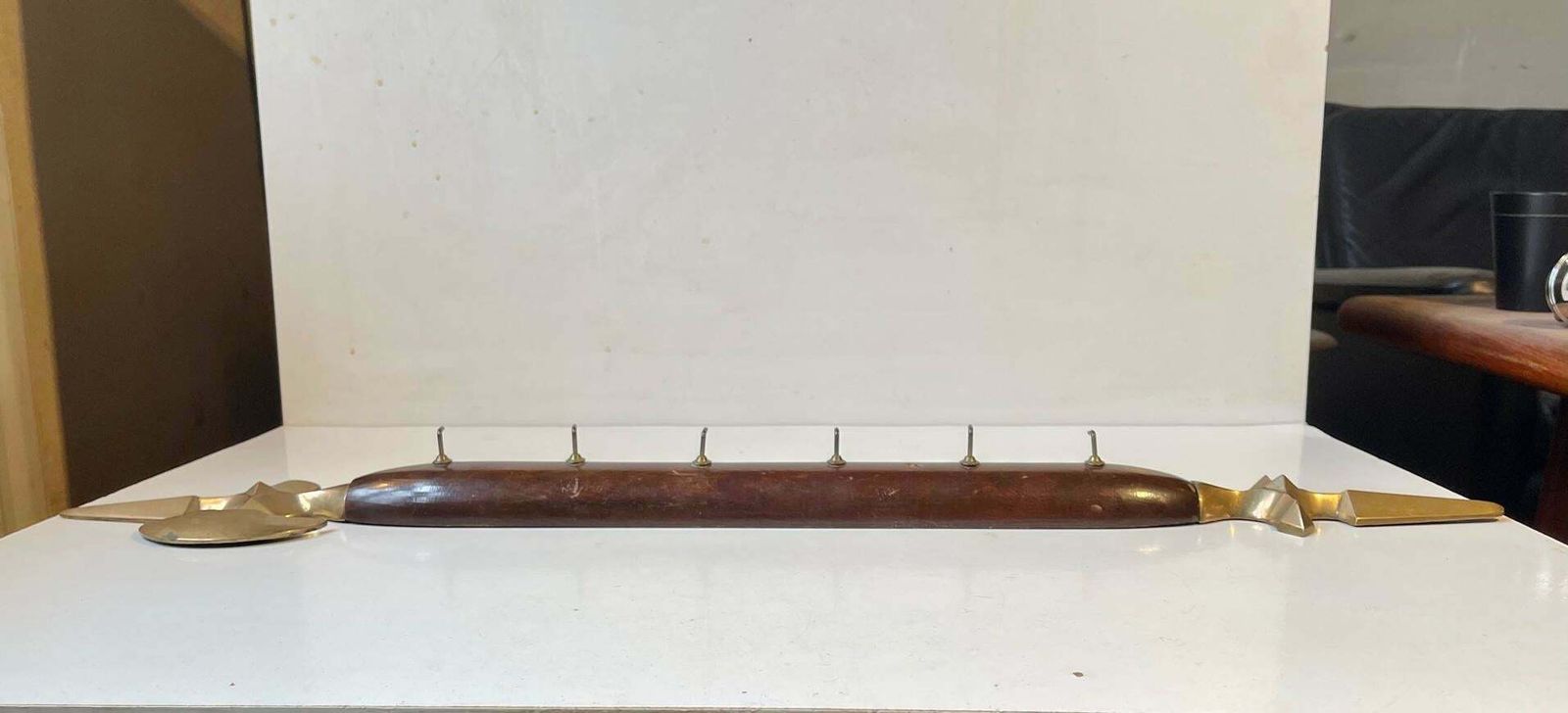 Antique Battle Axe Key Or Towel Rack In Brass And Mahogany photo 460.0
