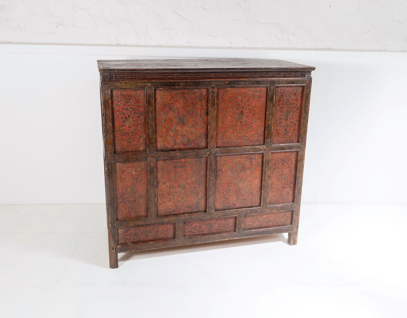 Original 19thc Large Chinese Tibetan Hand Painted Lacquered Alter Cupboard Sideboard