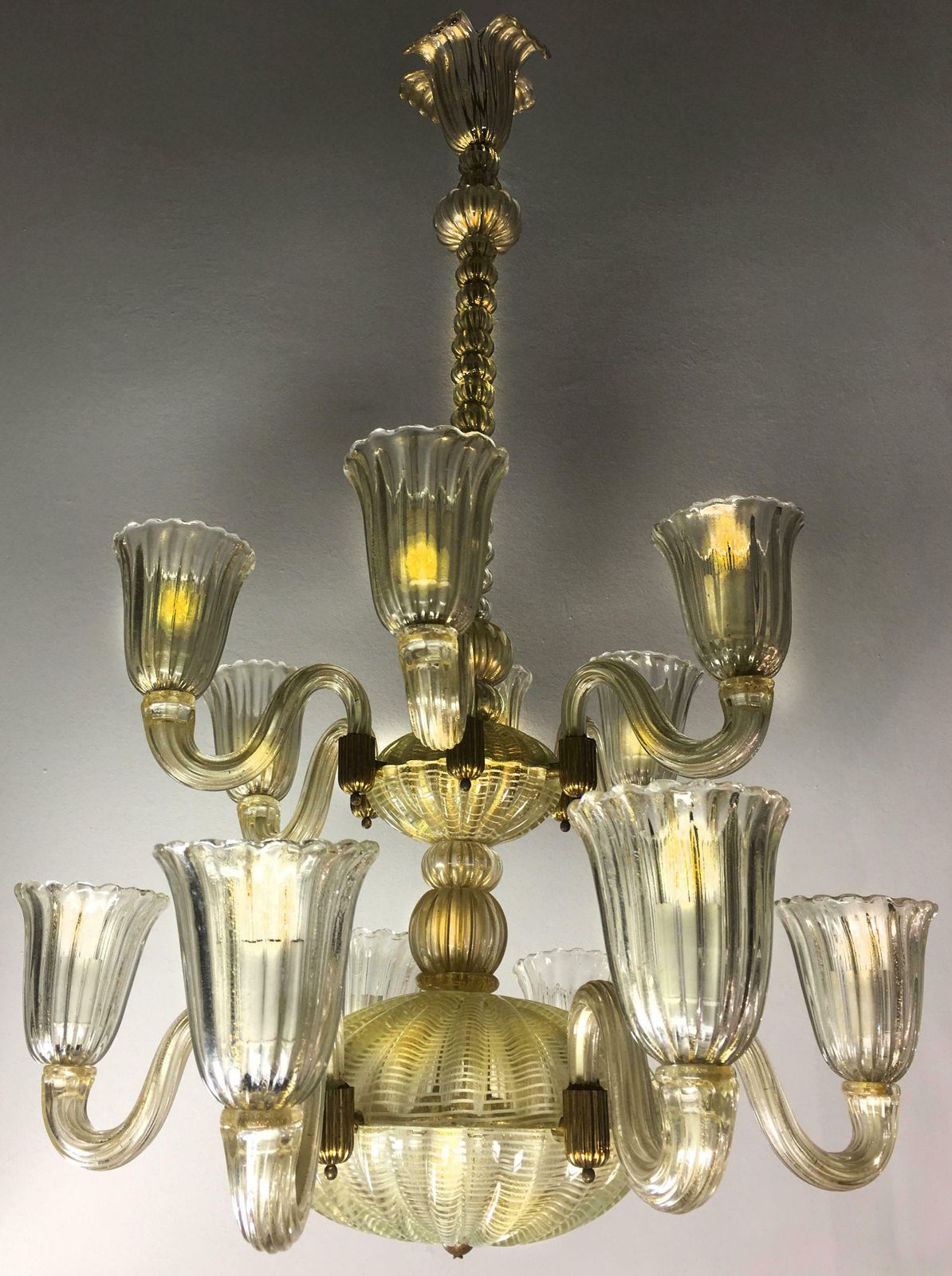Italian Chandelier Gold Inclusion By Barovier & Toso, Murano, 1940s photo vinterior