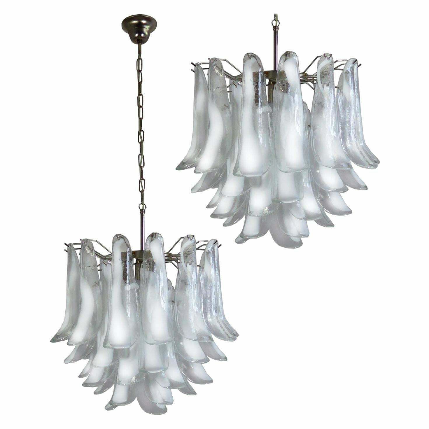 Pair Of Italian 41 White Petal Murano Chandeliers, Mazzega Style