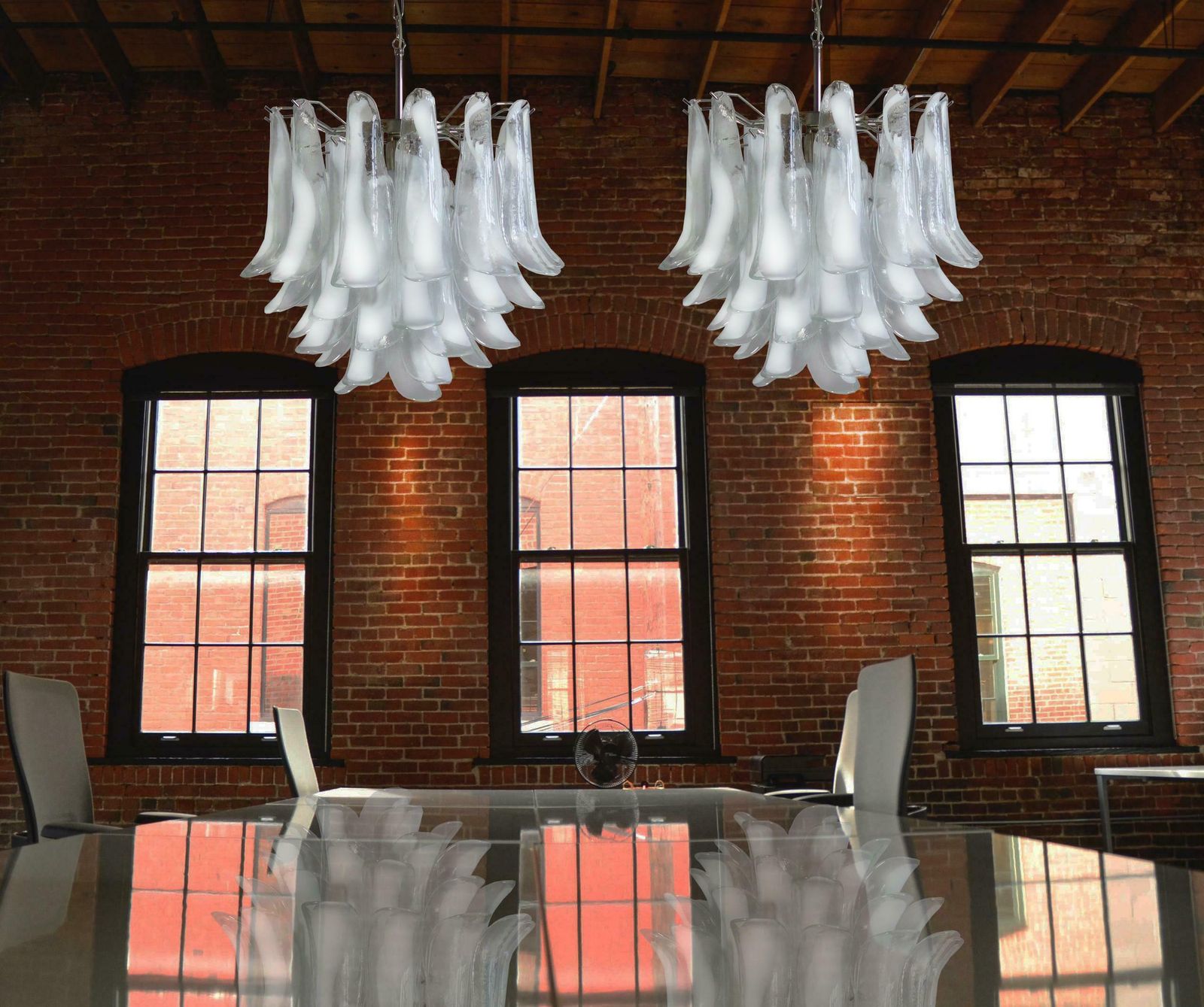 Pair Of Italian 41 White Petal Murano Chandeliers, Mazzega Style photo furniture